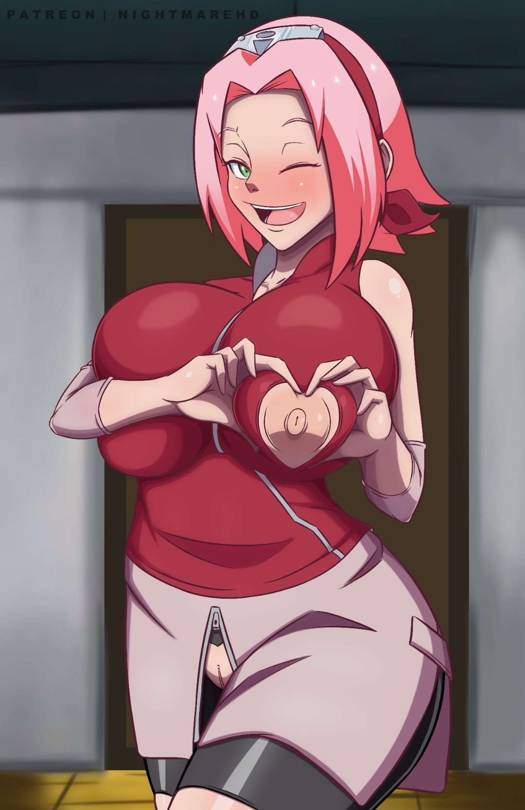 1girls, alternate breast size, alternate version available, areolae, armwear, big breasts, blush, bottomwear, breasts, exposed nipple, female, female only, green eyes, hair, hands on breasts, headwear, heart hands, heart-shaped cutout, huge breasts, large breasts, mature, mature female, milf, mother, naruto, naruto (series), naruto shippuden, nightmare hdraw, nipple cutout, nippleless clothes, nipples, one breast out of clothes, one eye closed, open mouth, pink hair, pussy, pussy visible through clothes, sakura haruno, smile, solo, solo female, topwear, vagina, wink, winking at viewer