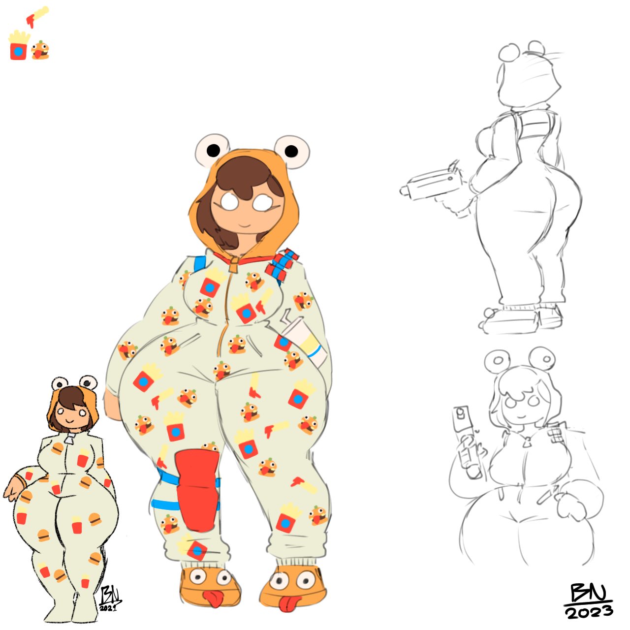 back_view big_breasts brown_hair fortnite front_view gun holding_object huge_ass onesie onesie_(fortnite) sketch tagme thick_ass thick_thighs wide_hips