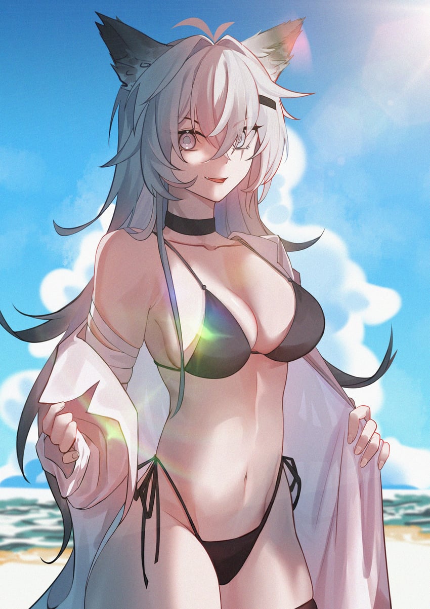 arknights, beach, bikini, female, lappland (arknights), solo, tagme (artist), white hair, wolf ears, wolf girl