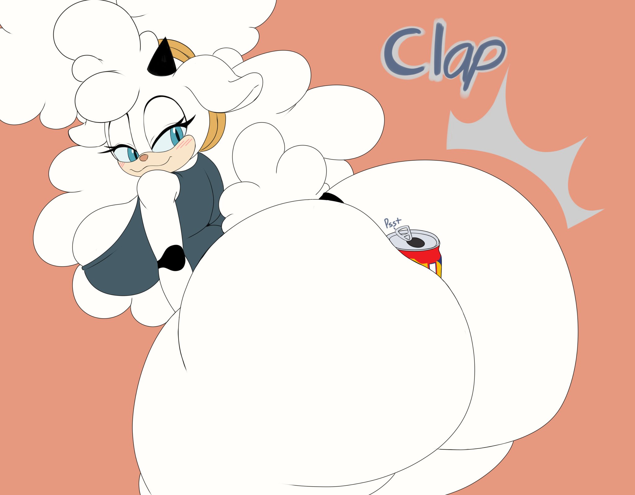 :3, 1girls, 2023, 2d, anthro, ass, between ass, between buttocks, big ass, big breasts, big hair, blue eyes, blush, bovid, bra, breasts, caprine, cleavage, clothed, drink, ewe, eyelashes, female, female only, fluffy, hair tie, holding object between buttocks, horn, horns, huge ass, huge breasts, hyper ass, idw comics, idw publishing, lanolin the sheep, looking back, mechspazer, mobian, mobian (species), mobian sheep, mostly nude, panties, sega, sheep, sideboob, smiling, soda, soda can, solo, sonic (series), sonic the hedgehog (comics), sonic the hedgehog (idw), sonic the hedgehog (series), sports bra, standing, underwear, white hair, wool, wool (fur)