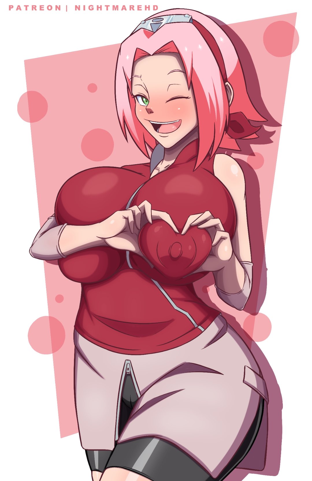 1girls, alternate breast size, alternate version available, armwear, big breasts, blush, bottomwear, breasts, cameltoe, erect nipples, female, female only, green eyes, hair, hands on breasts, headwear, heart hands, huge breasts, large breasts, mature, mature female, milf, mother, naruto, naruto (series), naruto shippuden, nightmare hdraw, nipples, nipples visible through clothing, one eye closed, open mouth, pink hair, pussy, sakura haruno, smile, solo, solo female, topwear, wink, winking at viewer