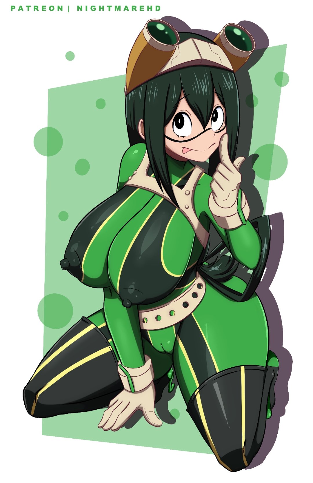 1girls, alternate version available, armwear, big breasts, black eyes, breasts, cameltoe, erect nipples, female, female only, goggles, goggles on head, green hair, hair, headwear, hero outfit (mha), huge breasts, long hair, my hero academia, nightmare hdraw, nipples, nipples visible through clothing, pussy, smile, solo, solo female, superhero costume, superheroine, thick thighs, thighs, tongue, tongue out, tsuyu asui
