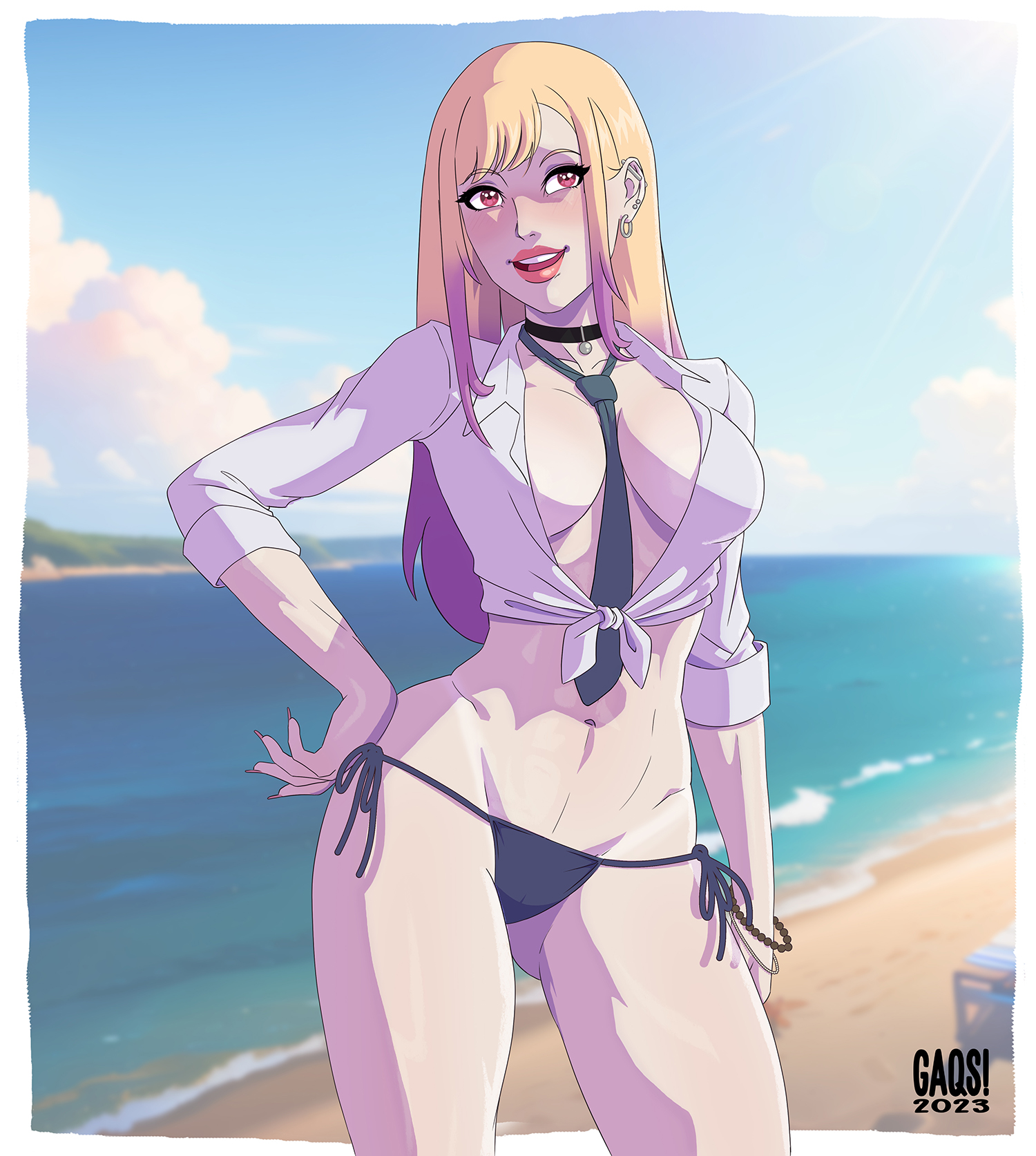 1girls, big breasts, big lips, bikini bottom, blonde hair, bottomwear, breasts, cleavage, ear piercing, earrings, female, female only, freckles, gaqs!, gyaru, hair, hand on hip, hips, hoop earrings, kitagawa marin, lips, lipstick, long hair, nails, necktie, necktie between breasts, neckwear, open shirt, pink eyes, shirt, solo, solo female, sono bisque doll wa koi wo suru, thick lips, thighs, white shirt, wide hips