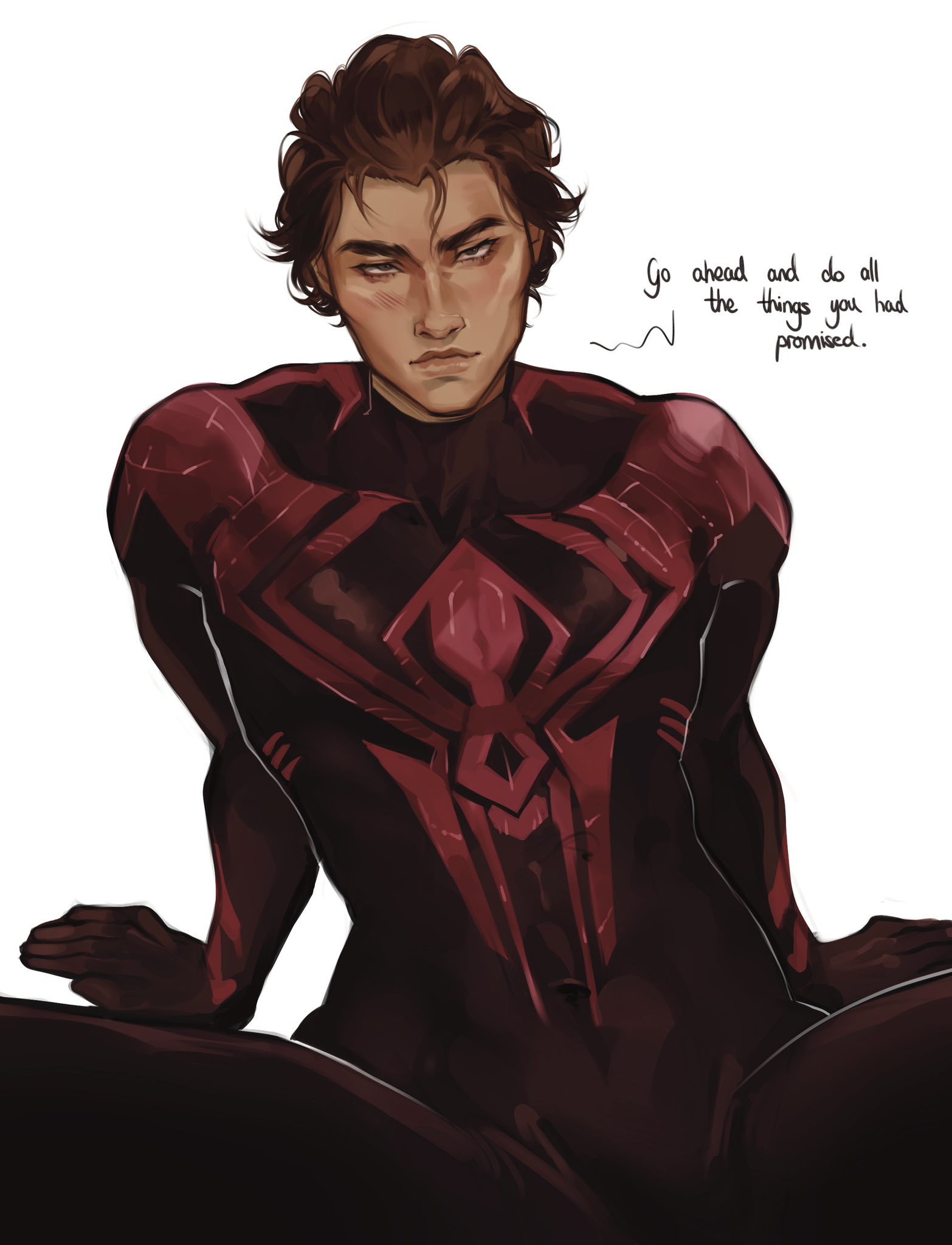 1boy, charluiu, flushed, hispanic male, latino, male, male only, marvel, marvel comics, miguel o'hara, plain background, seductive, skintight bodysuit, small waist, solo, solo male, spider-man: across the spider-verse, spread legs, tagme, talking to viewer