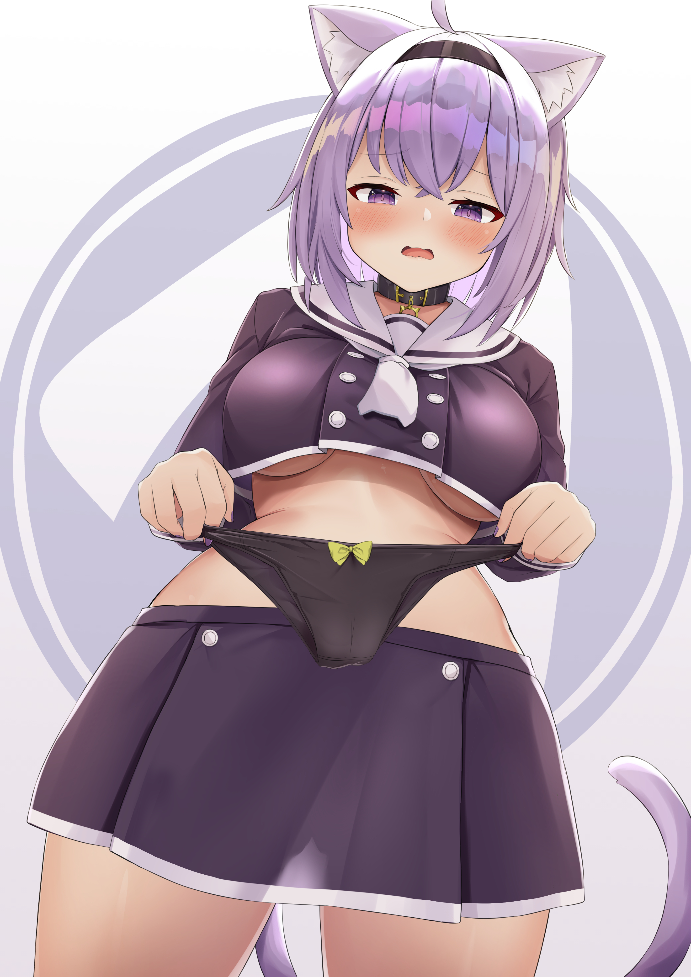 absurdres, animal ear fluff, animal ears, black panties, blush, breasts, cat ears, cat girl, cat tail, collar, commentary, crossed bangs, female, foreshortening, hair between eyes, hairband, half-closed eyes, highres, holding, holding clothes, holding panties, holding underwear, hololive, hololive gamers, hololive japan, kusana (dudqja602), large breasts, looking at viewer, looking down, miniskirt, nekomata okayu, nekomata okayu (3rd costume), no bra, no panties, open mouth, panties, panties removed, presenting removed panties, purple eyes, purple hair, see-through silhouette, simple background, skirt, solo, tail, thighs, underboob, underwear, virtual youtuber