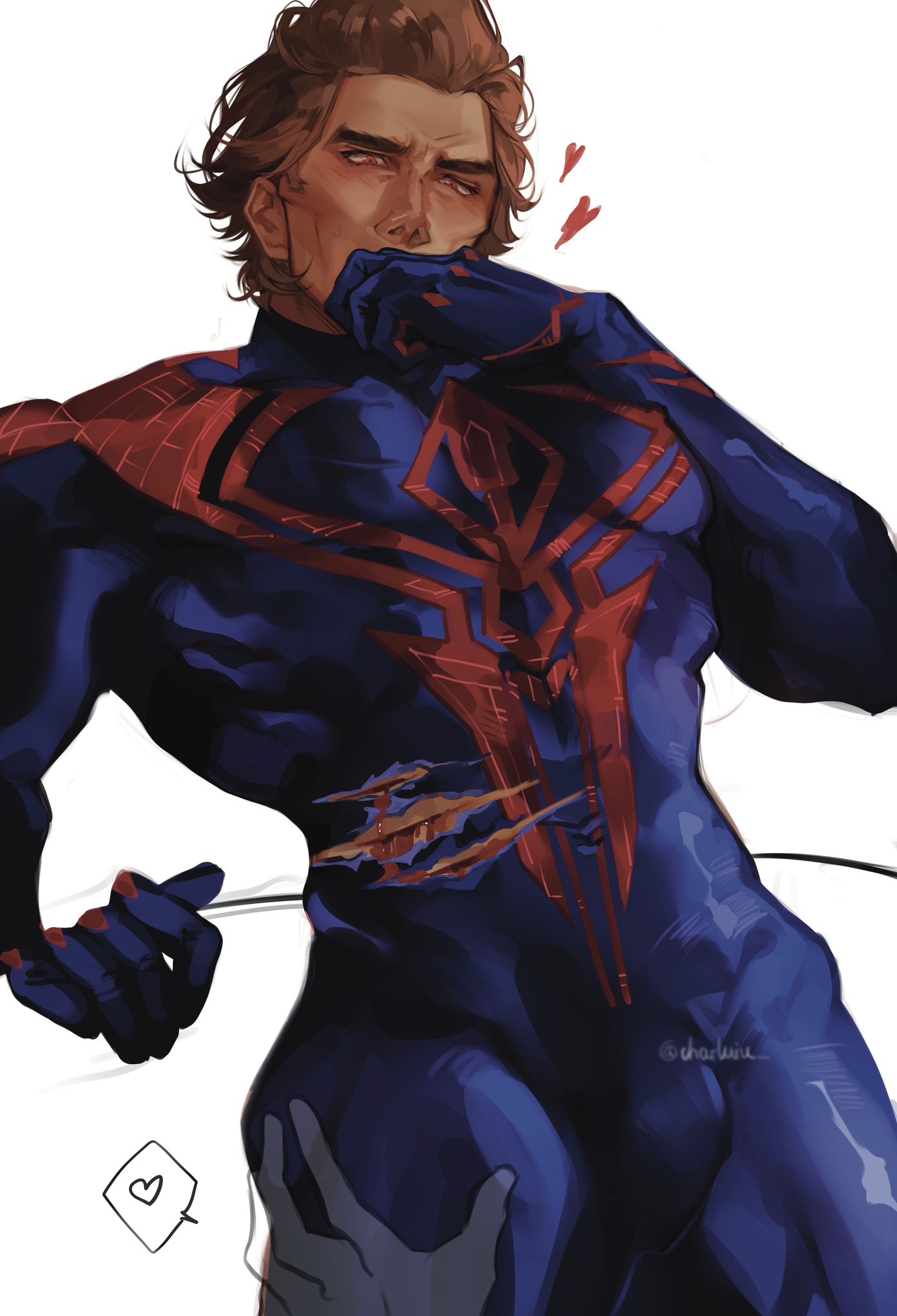 ambiguous gender, blood, bulge, charluiu, flaccid, hand on thigh, hispanic male, horny, latino, male, male only, marvel, marvel comics, miguel o'hara, penis, scratch marks, skintight bodysuit, small waist, solo, solo male, spider-man: across the spider-verse, spoken heart, tagme