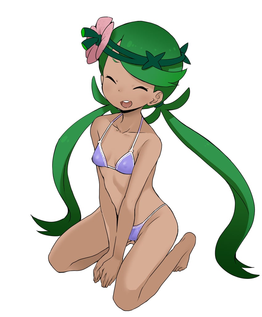 bare_arms bare_legs bare_shoulders barefoot bikini breasts closed_eyes dark-skinned_female dark_skin female flower flower_ornament green_eyes green_hair hair_ornament kneeling lace-trimmed_bikini lace_trim long_hair mallow_(pokemon) micro_bikini ookamiuo open_mouth pokemon pokemon_sm purple_bikini small_breasts smile solo string_bikini swimsuit thighs twintails white_background