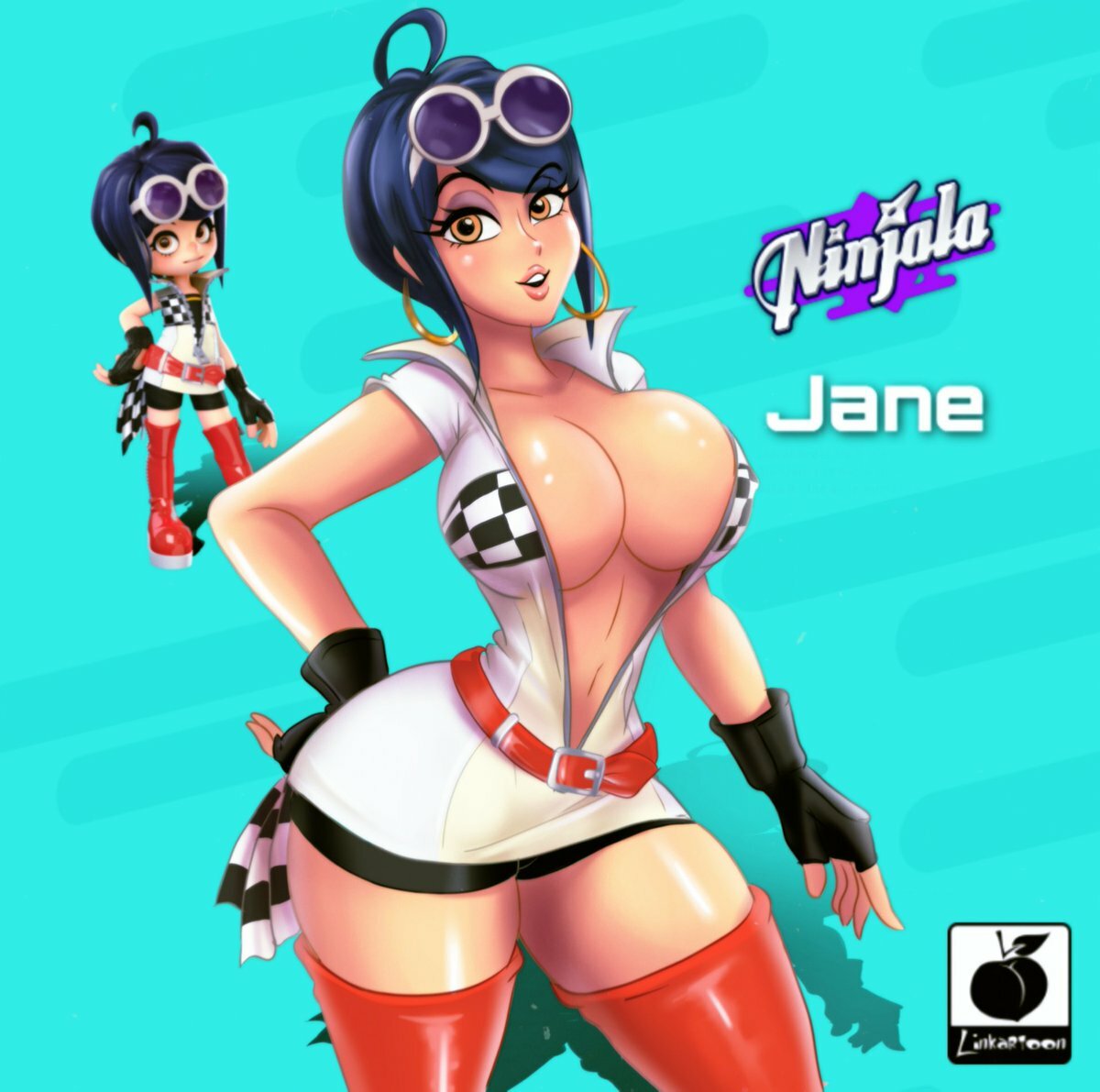 artist_logo big_breasts black_shorts blue_hair cleavage fingerless_gloves hoop_earrings jane_(ninjala) linkartoon long_boots ninjala open_shirt red_belt red_boots round_sunglasses short_shorts skimpy skimpy_clothes slim_waist sunglasses_on_head tagme white_shirt wide_hips yellow_eyes