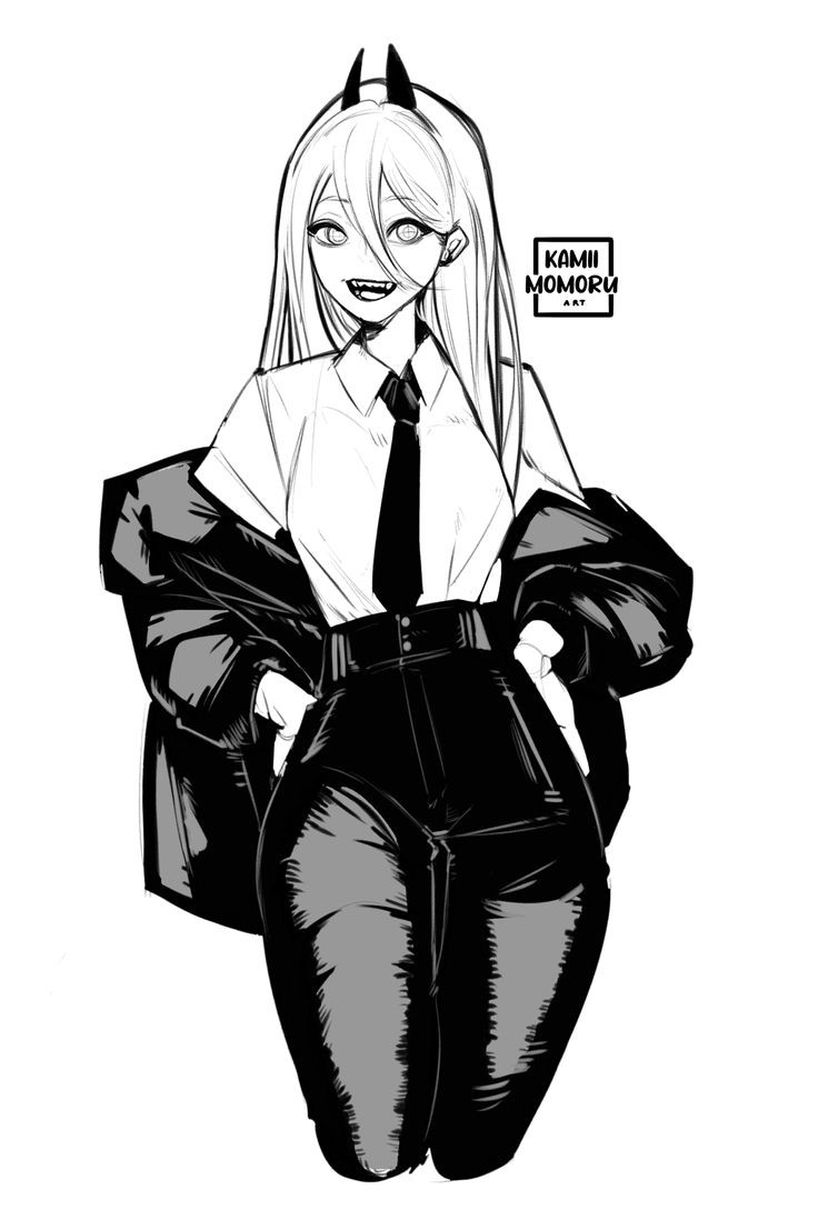 chainsaw man, cross-shaped pupils, demon horns, female, grey background, greyscale, hair between eyes, hands on own hips, horns, kamii momoru, long hair, monochrome, narrow waist, necktie, open mouth, power (chainsaw man), shirt tucked in, signature, simple background, smile, smiling, smiling at viewer, solo, symbol-shaped pupils, teeth, tongue, wide hips