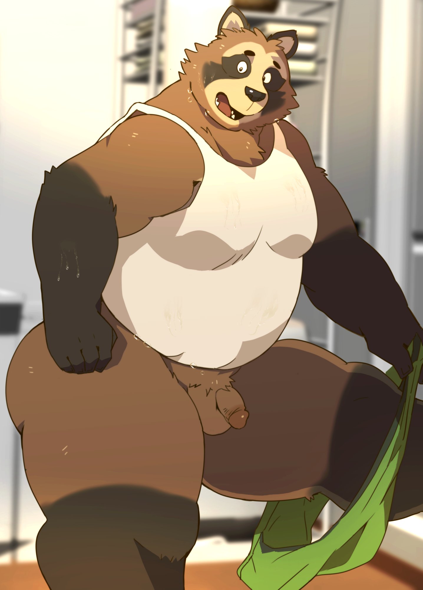 2023 anthro arufina_w balls belly big_belly biped black_body bodily_fluids brown_body canid canine clothing gay genitals hi_res kemono male male_only mammal overweight overweight_male penis raccoon_dog shirt small_penis solo sweat tanuki topwear underwear undressing