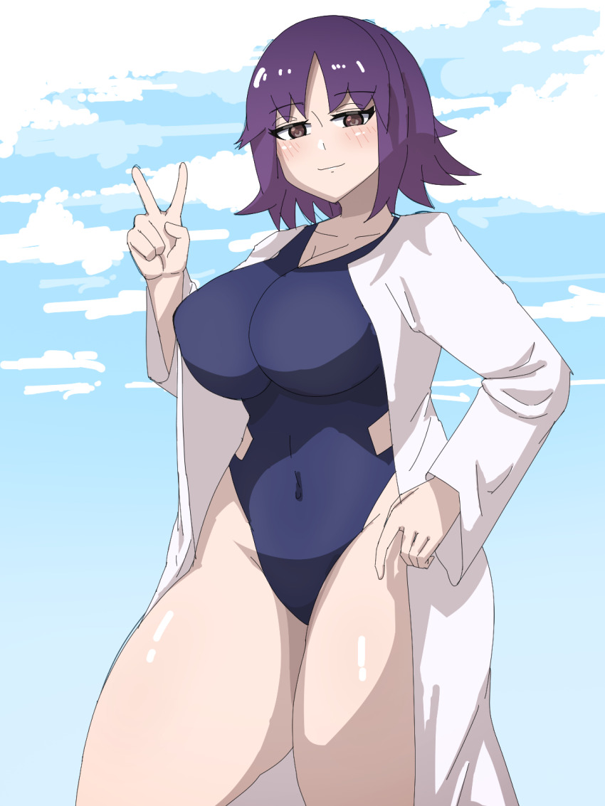 1girls, big breast, big breasts, blue swimsuit, blue swimwear, breasts, brown eyes, female, game freak, huge breast, huge breasts, labcoat, large breast, large breasts, looking at viewer, nintendo, one piece swimsuit, one-piece swimsuit, peace sign, philena ivy, pokemon, pokemon gsc, pokemon hgss, pokemon orange islands, pokemon professor, pokemon rgby, purple hair, purple-haired female, sky, swimsuit, swimwear, thick thighs, v, wide hips