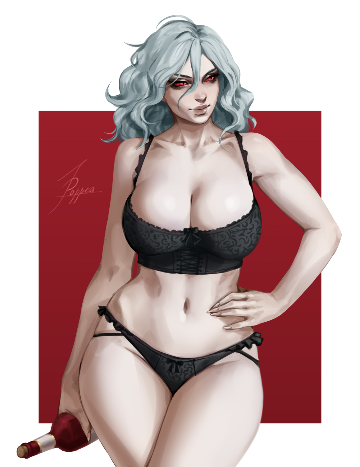 1girls, ave poppea, female, female focus, female only, lingerie, mature female, original, original character, solo female, solo focus, vampire, voluptuous, voluptuous female, white hair, wine bottle
