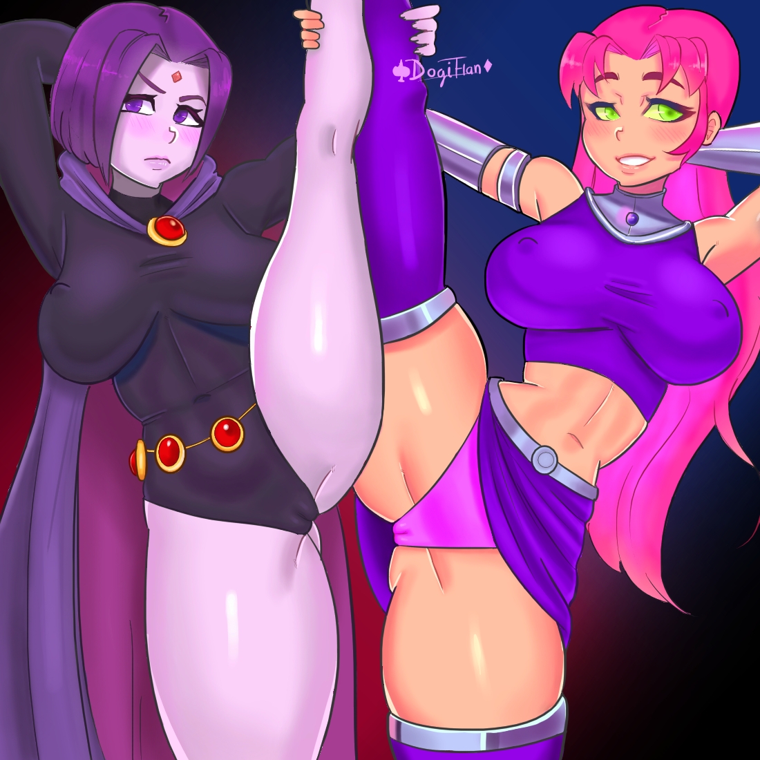 2020, 2girls, alien, alien girl, belt, bracelet, breasts, cape, cloak, clothing, dc, dc comics, dogiflan, female, female only, green eyes, grey skin, leotard, long hair, long-haired female, multiple females, multiple girls, nipples visible through clothing, orange skin, outerwear, purple eyes, purple hair, rachel roth, raven (dc), red hair, short hair, short skirt, short-haired female, shy, skirt, splits, standing on one leg, starfire, teen titans