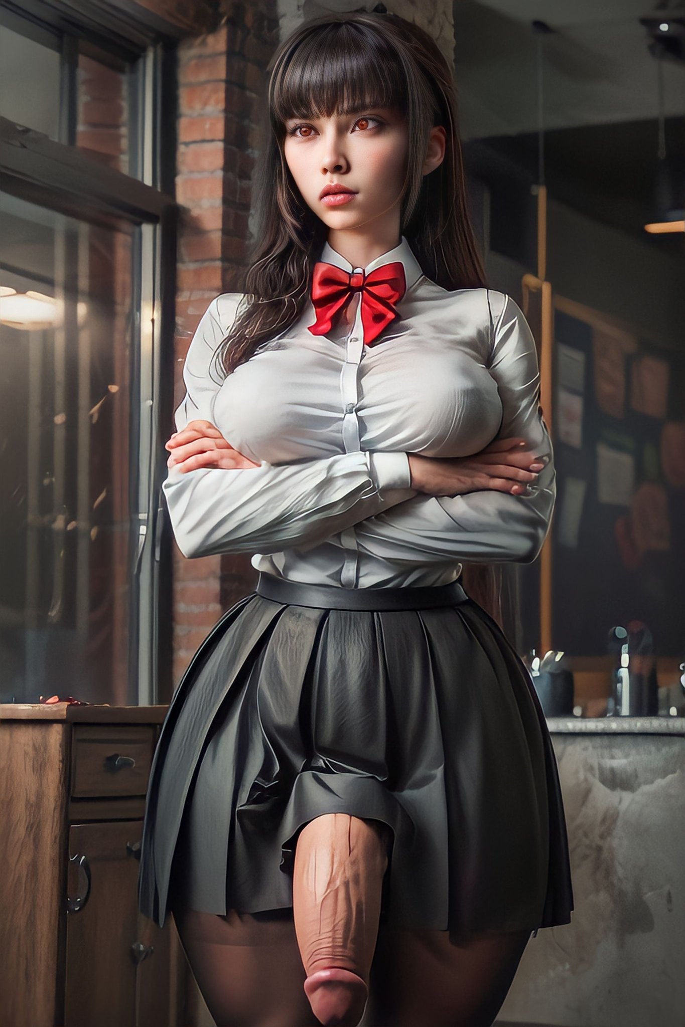 1futa, ai generated, big breasts, big penis, breasts, clothed, clothing, curvy, erection under skirt, flaccid, futa focus, futa only, futanari, hi res, intersex, long hair, looking at another, nipples, penis, president (nagatoro), purple hair, red eyes, sana sunomiya, skirt, stable diffusion, standing, veiny penis, wide hips