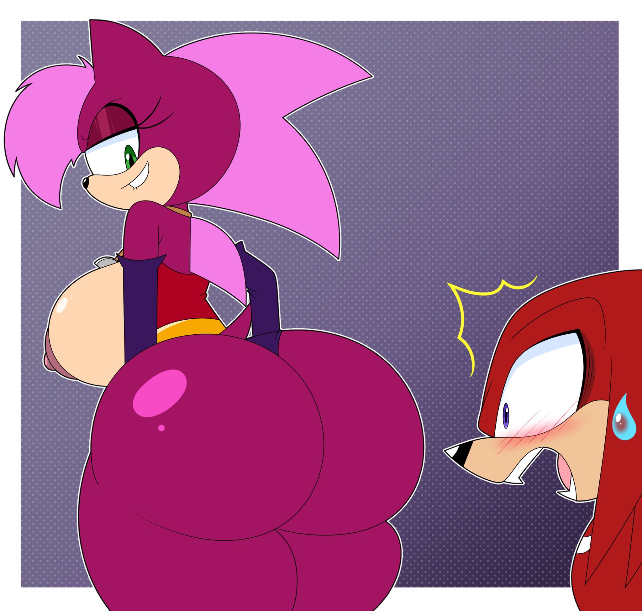 1boy, 1girls, anthro, ass, ass focus, big ass, big breasts, big butt, biting lip, black nose, blakeynsfw, blush, breasts, bubble ass, bubble butt, butt focus, clothing aside, couple, curvy, curvy body, curvy figure, dreadlocks, duo, echidna, eyelashes, fangs, female, fur, furry, green eyes, hedgehog, huge ass, huge butt, knuckles the echidna, large ass, large breasts, large butt, looking back, male, mammal, mobian, nipples, open mouth, pink hair, ponytail, purple body, purple eyes, purple fur, purple skin, red body, red fur, red hair, red skin, romantic couple, sega, shocked, sideboob, simple background, smirk, smirking, sonia the hedgehog, sonic (series), sonic the hedgehog (series), sonic underground, spiky hair, tail, tease, teasing, thick ass, thick thighs, two-tone body, two-tone fur, video games