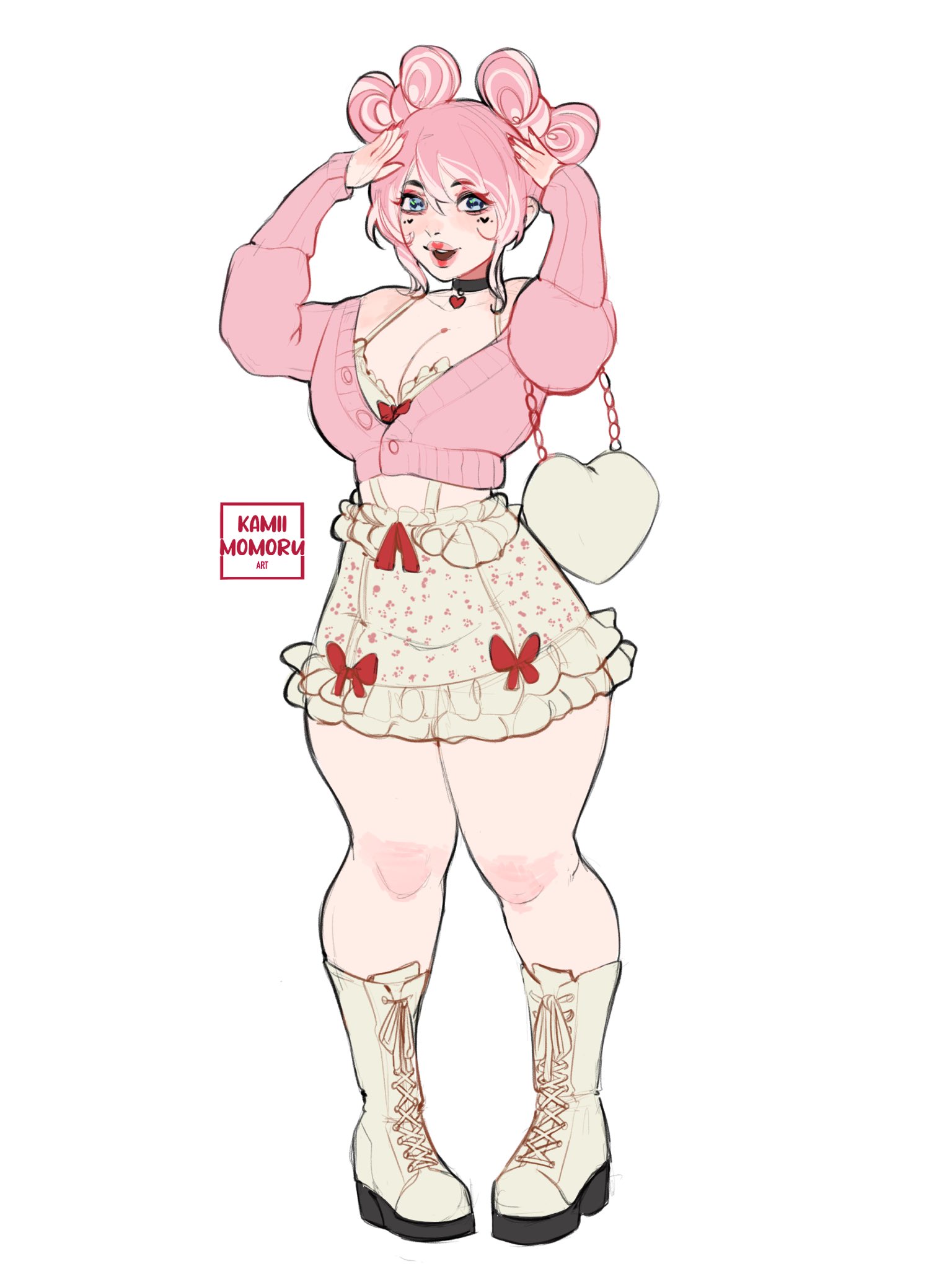 1girls, artist name, ass, athletic, athletic female, big ass, big breasts, big butt, boots, bra, bra visible through clothes, breasts, breasts bigger than head, busty, choker, chubby, chubby female, cleavage, clothed, clothed female, clothes, clothing, collar, cupid (kamii mamoru), curvaceous, curvy, curvy figure, cute, digital drawing (artwork), digital media (artwork), eyebrows, eyelashes, eyes, fat ass, fat butt, fat female, fat thighs, female, female focus, female only, fit, fit female, hair, hips, hourglass figure, kamii momoru, knee boots, legs, light skin, light-skinned female, lips, makeup, oc, original, original character, pink body, pink clothes, pink clothing, pink eyes, pink hair, pink nipples, pink skin, revealing clothes, skirt, slim, slim waist, space buns, sweater, tease, teasing, teasing viewer, thick, thick ass, thick legs, thick thighs, thighs, upper body, voluptuous, waist, white skin, wide hips