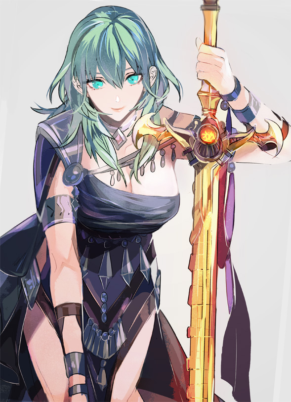 1girls alternate_costume aqua_eyes arm_up breasts byleth_(female)_(fire_emblem) byleth_(fire_emblem) byleth_(fire_emblem)_(female) choker cleavage closed_mouth dancer dancer_(three_houses) dress female female_only fire_emblem fire_emblem:_three_houses green_eyes green_hair large_breasts looking_at_viewer medium_hair nintendo official_alternate_costume single-shoulder_dress solo sword_of_the_creator tsukimura_noe