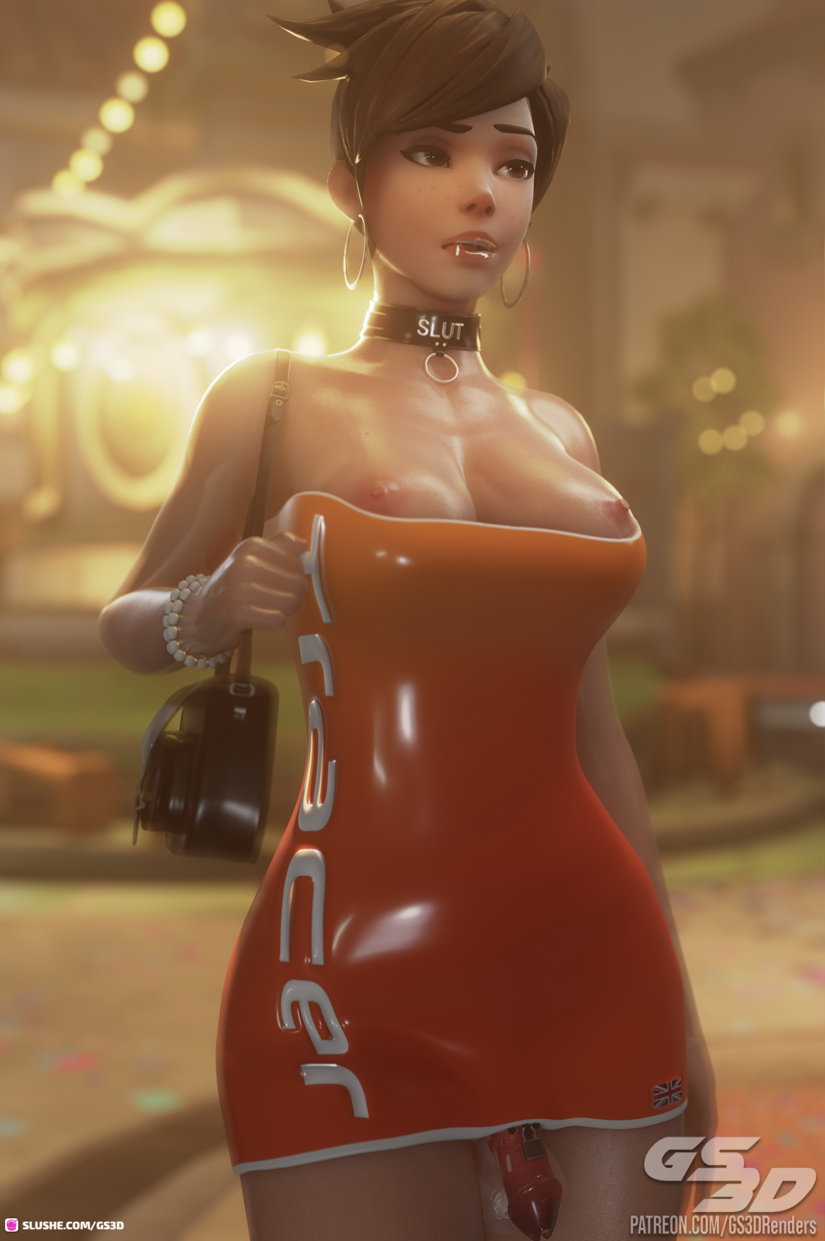 3d, 3d (artwork), androgynous, areolae, balls, breasts, chastity, chastity cage, chastity device, choker, collar, dress, earrings, futa only, futanari, gs3d, intersex, latex, lip piercing, overwatch, overwatch 2, penis, piercing, prostitute clothes, prostitution, public, purse, sissy, skimpy, skimpy clothes, skimpy dress, skin tight, slushe (website), small balls, small penis, tight dress, tracer
