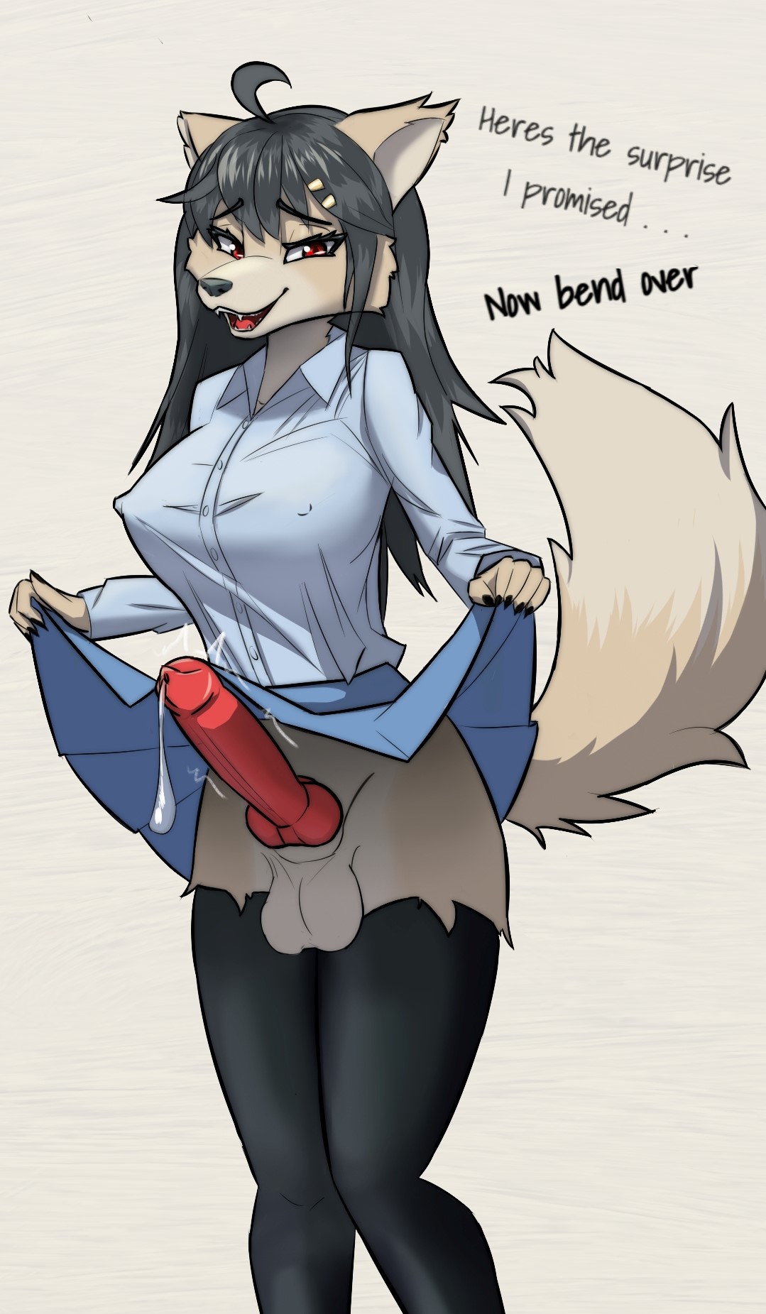 ahoge, animal genitalia, animal penis, anthro, balls, bedroom eyes, black hair, blue bottomwear, blue clothing, blue shirt, blue skirt, blue topwear, bodily fluids, bottomwear, canid, canine, canine genitalia, canine penis, clothed, clothing, clothing lift, collared shirt, dialogue, erection, fox, fur, futanari, genital fluids, genitals, hair, hi res, intersex, legwear, lionblaze275, mammal, motion lines, narrowed eyes, nipple outline, open mouth, penis, precum, presenting, presenting penis, red eyes, seductive, shirt, skirt, skirt lift, smile, solo, standing, talking to viewer, tan body, tan fur, teeth, text, thigh highs, topwear