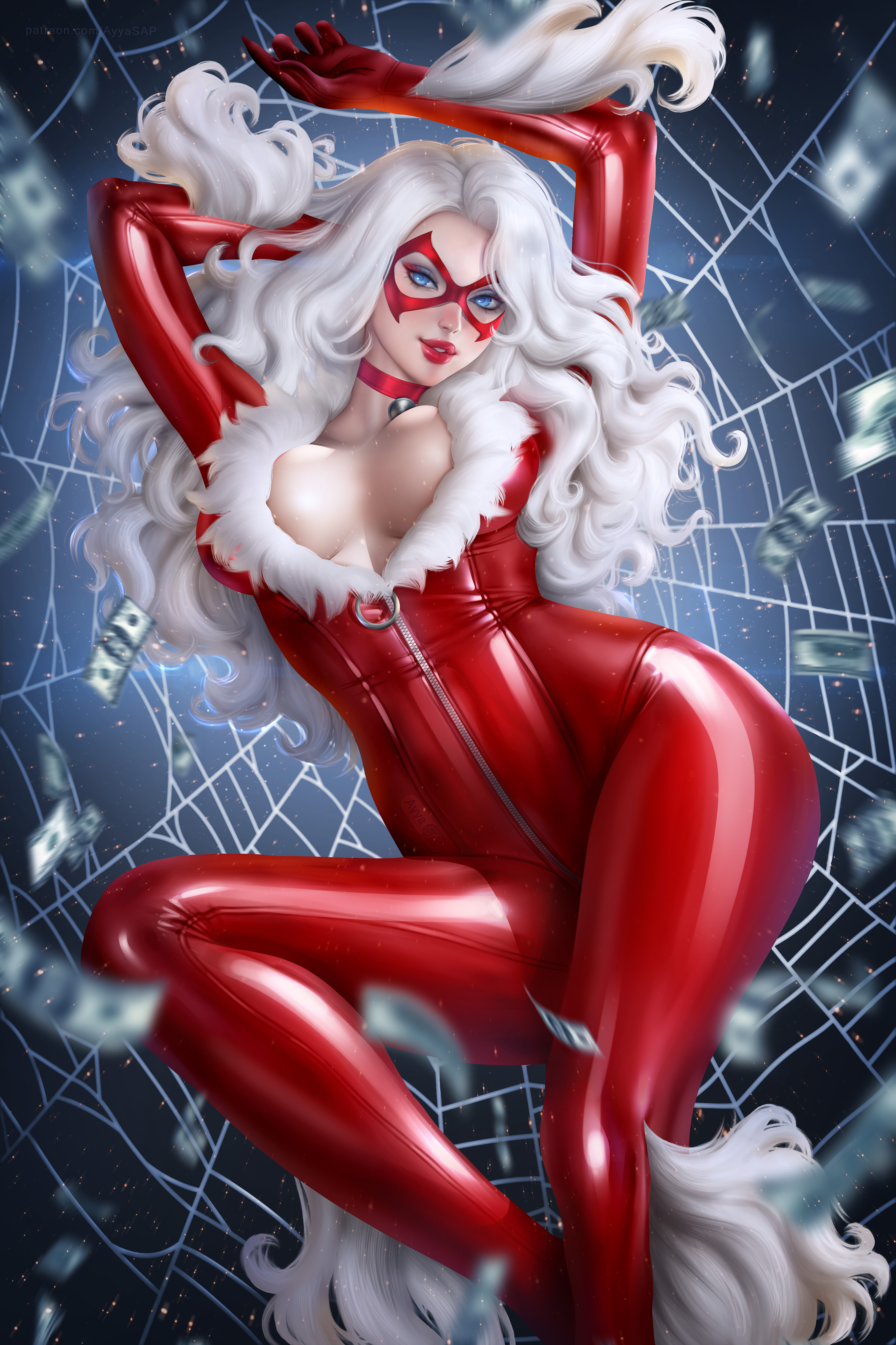 1girls, absurd res, ayyasap, black cat (marvel), cleavage, eyeshadow, felicia hardy, female, female focus, female only, hi res, latex, latex clothing, latex suit, lipstick, makeup, marvel, marvel comics, red eyeshadow, red latex, red lipstick, red makeup, rubber, rubber clothing, shiny clothes, skin tight, solo female, solo focus, spider-man (series), tight clothing, victim official, voluptuous, voluptuous female, white hair