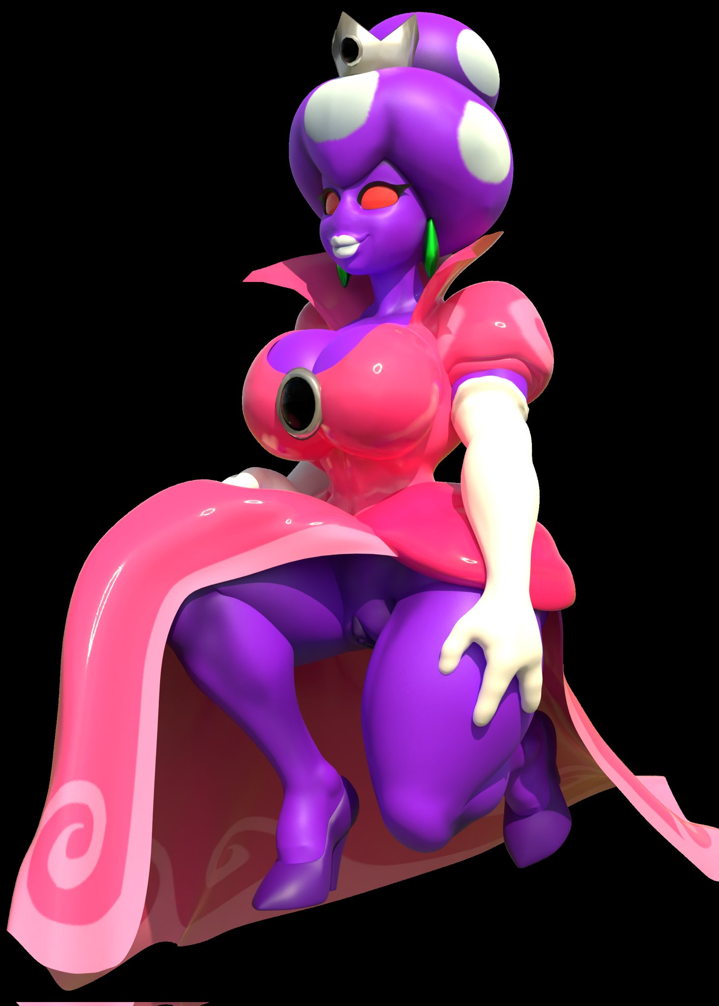 1girls 3d 3d_(artwork) adri164 alien big_breasts big_thighs blender_(software) bottomless breasts brooch cleavage clothed clothing crouching crown curvy dress earrings elbow_gloves female female_only gloves hands_on_thighs heels high_heels lips mario_(series) mario_and_luigi_(series) mature mature_female nintendo no_nose no_panties no_pupils pink_dress pink_eyes princess_shroob puffy_sleeves purple-skinned_female purple_body purple_heels purple_high_heels purple_skin pussy red_eyes shiny_skin smile solo split_dress tagme thick thick_hips thick_thighs thighs white_gloves white_lips wide_hips