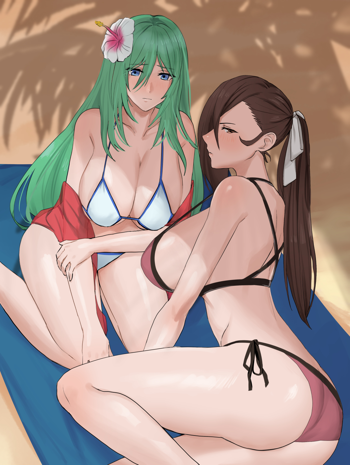 2girls, alternate breast size, alternate costume, ass, bare shoulders, big breasts, bikini, blue eyes, blush, breasts, brown bikini, brown eyes, brown hair, brown swimsuit, cleavage, collarbone, commission, female, female only, fire emblem, fire emblem fates, fire emblem: path of radiance, fire emblem: radiant dawn, flower, green hair, hair flower, hair ornament, hair over one eye, highres, jacket, kagero (fire emblem), large breasts, long hair, looking at viewer, looking back, multiple females, multiple girls, nephenee (fire emblem), nintendo, oyatsu 0, palm tree, pink bikini, ponytail, shadow, side-tie bikini bottom, sideboob, swimsuit, tree, white bikini, white swimsuit