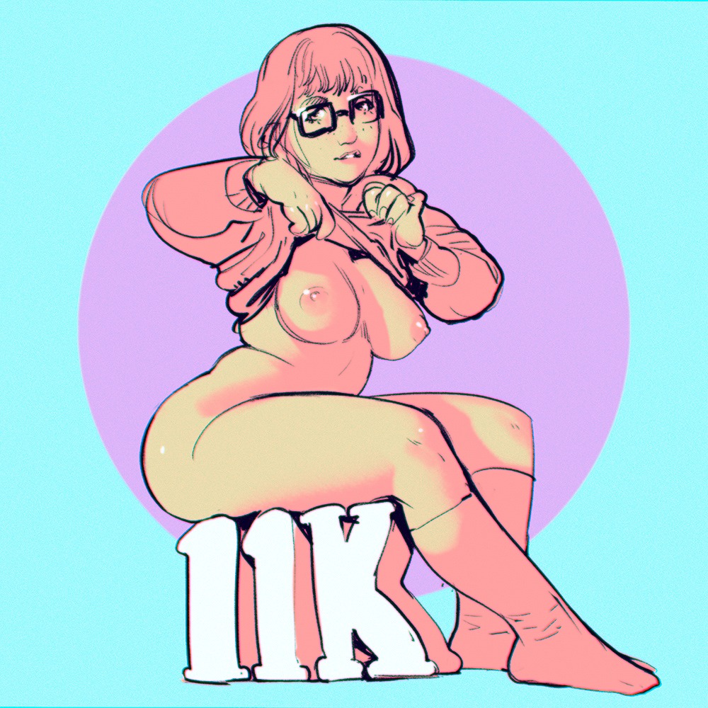 breasts breasts_out flashing_breasts glasses looking_at_viewer milestone_celebration orange_sweater scooby-doo sitting text thighs velma_dinkley wintonkidd