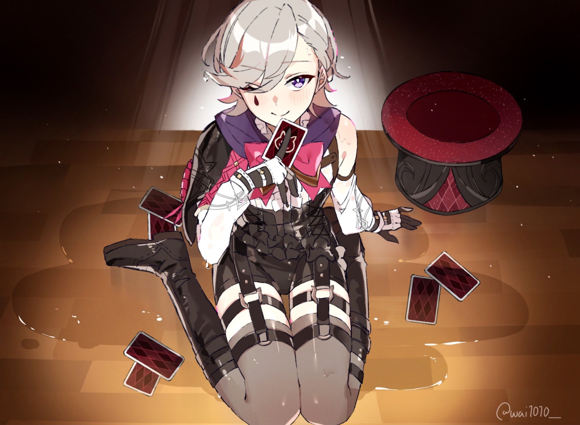 1boy, card, clothed, clothing, femboy, garter straps, genshin impact, hi res, looking at viewer, lyney (genshin impact), male, male only, smile, suggestive fluid, thighhighs, top hat, trap, twink, wai1010, wet, wink, winking at viewer