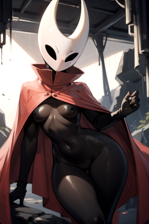 1girls, ai generated, anthro, black body, black skin, breasts, cloak, daidouji (artist), dark skin, dark-skinned female, empty eyes, exhibitionism, faceless female, female, functionally nude, hollow knight, hornet (hollow knight), horns, mask, non-human, red cloak, small breasts, solo, solo female, wide hips