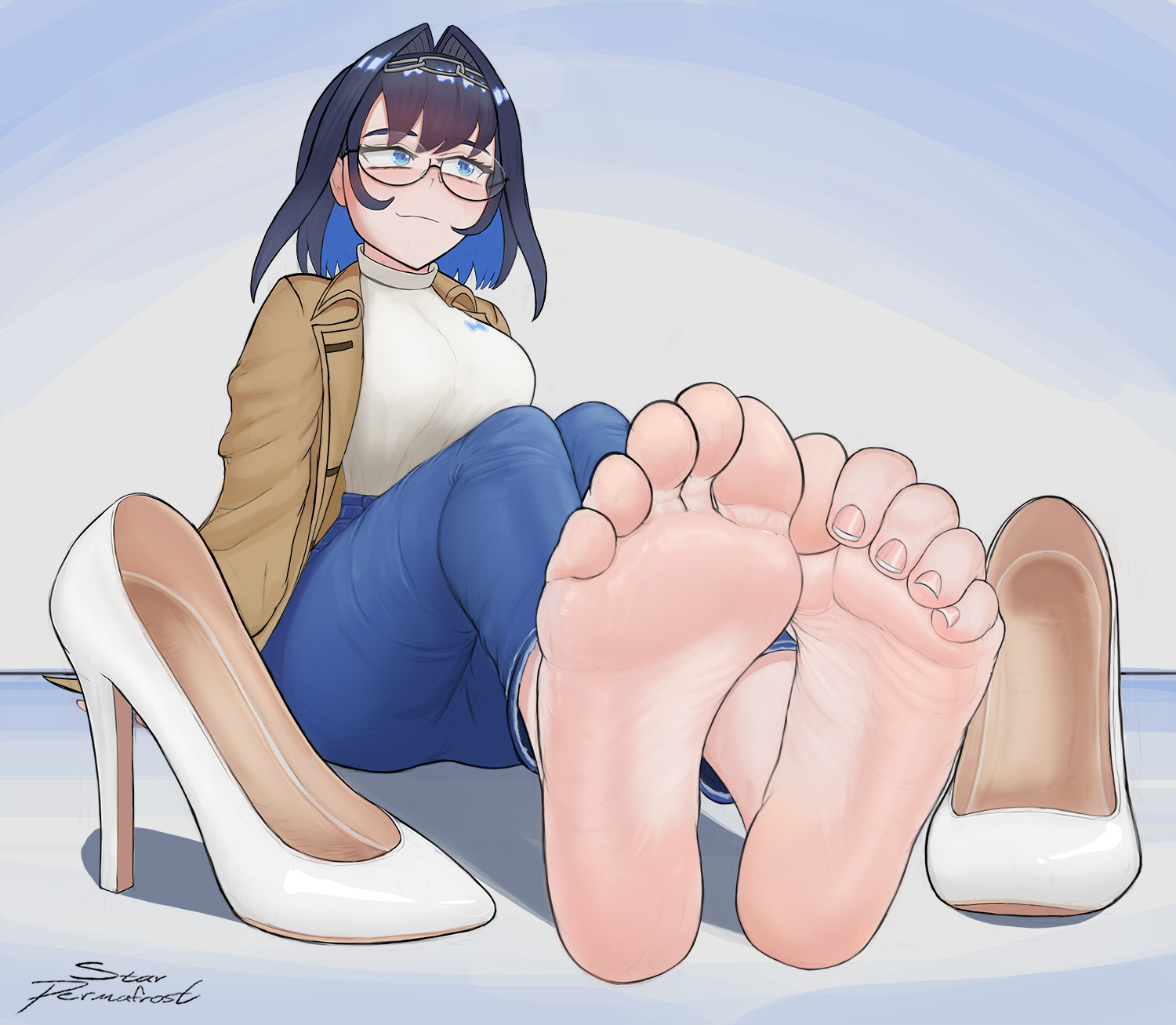 5 toes, alternate version available, barefoot, blue eyes, blue hair, breasts, feet, female, female only, foot fetish, foot focus, glasses, high heels, hololive, hololive english, hololive english -council-, hololive english -promise-, jacket, jacket open, jeans, looking away, ouro kronii, smirk, soles, starpermafrost, toes, virtual youtuber