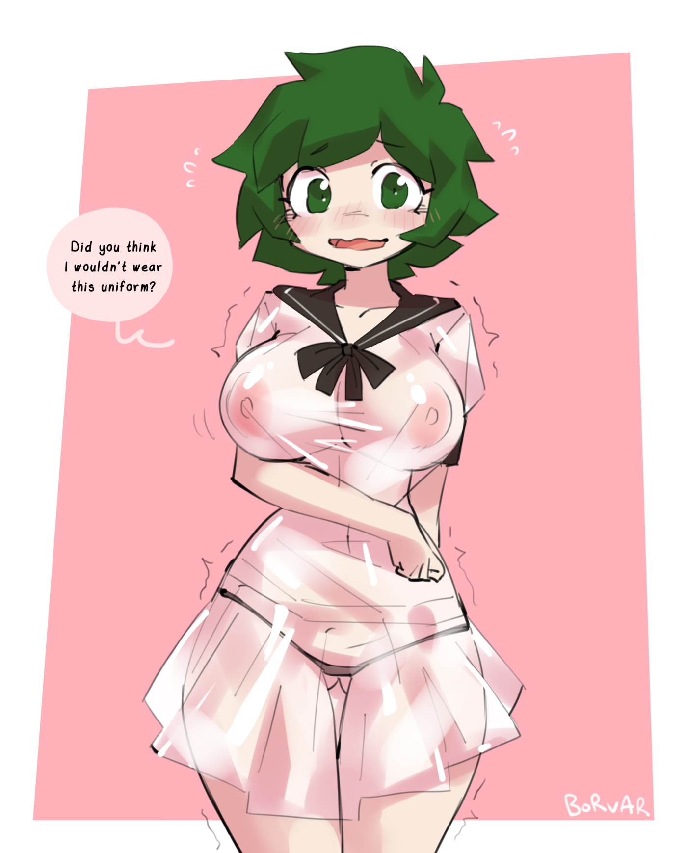 1girls, black panties, borvar, breasts, english text, female, female deku, genderswap, genderswap (mtf), green eyes, green hair, izuku midoriya, my hero academia, nipples, rule 63, school uniform, short hair, transparent clothing