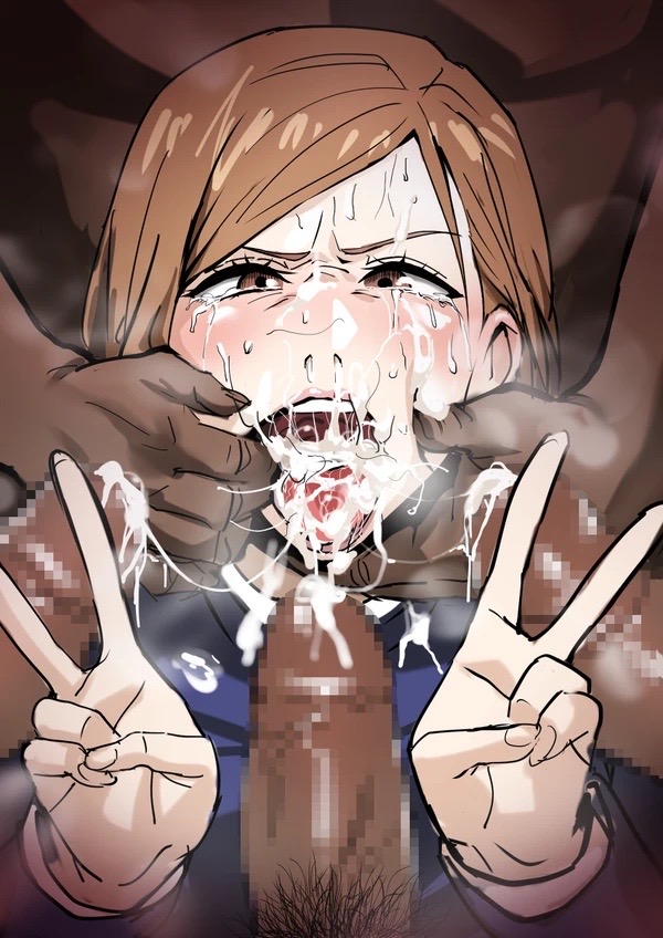 1girls, artist request, bukkake, cum, cum in mouth, female, human, jujutsu kaisen, kugisaki nobara, male, multiple boys, multiple males, penis, smile