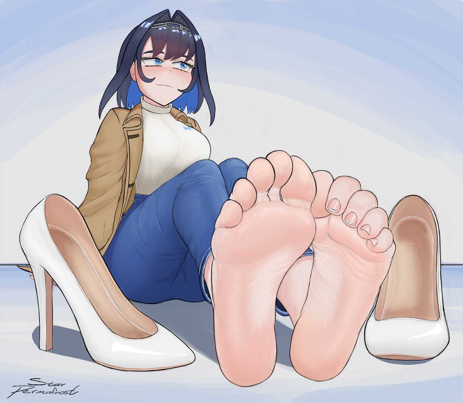 5 toes, alternate version available, barefoot, blue eyes, blue hair, breasts, feet, female, female only, foot fetish, foot focus, high heels, hololive, hololive english, hololive english -council-, hololive english -promise-, jacket, jacket open, jeans, looking away, ouro kronii, smirk, soles, starpermafrost, toes, virtual youtuber