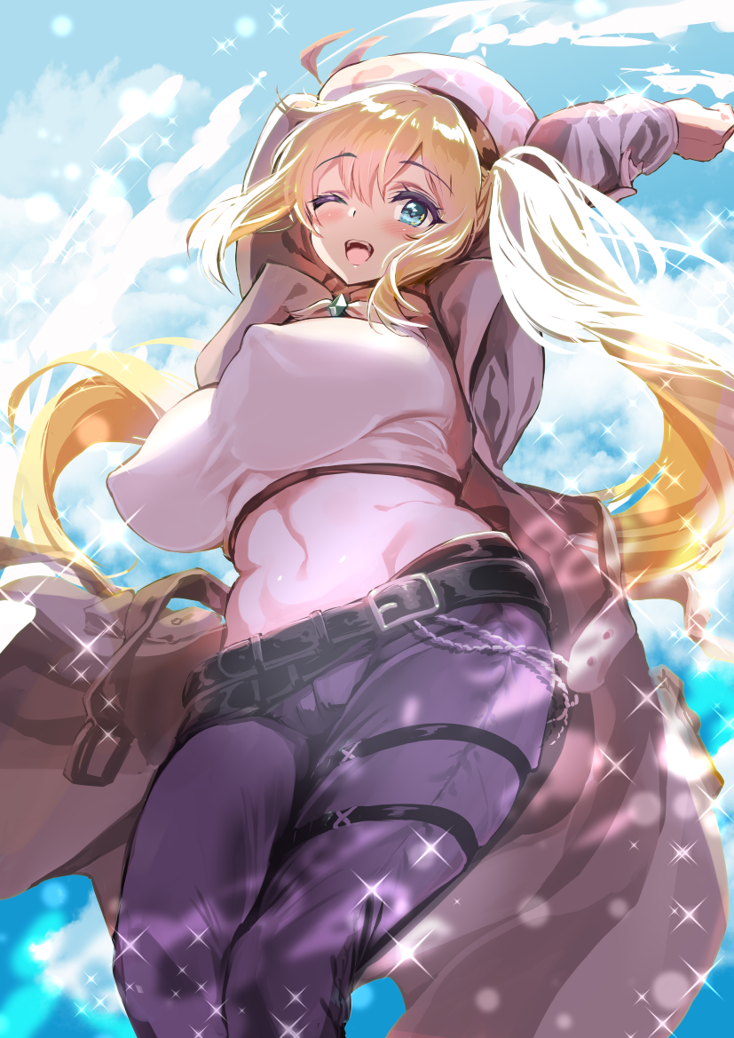 1girls arms_up bangs belt blonde_hair blue_eyes character_request cloud coat crop_top eyebrows_visible_through_hair female front_view large_breasts light-skinned_female light_skin looking_at_viewer manyuu_kaeru_tasuke_sansei midriff navel nipple_bulge one_eye_closed open_mouth outside pants sagging_breasts sidelocks sky smile solo sparkles standing tight_clothing twintails very_long_hair wink