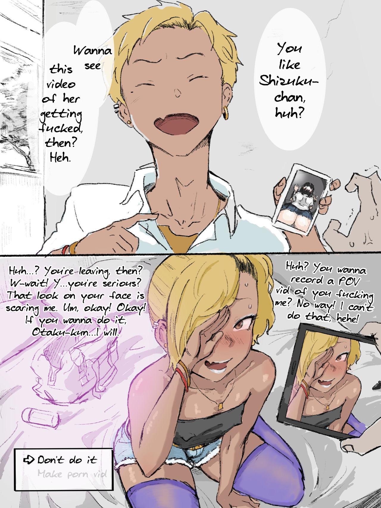 2boys, crossdressing, earrings, english text, femboy, first person view, gay, gomabura, imminent sex, implied sex, implied yaoi, looking at viewer, male, on bed, playboy-chan (gomabura), pov, pov eye contact, recording, sissification, stockings, trap, yaoi