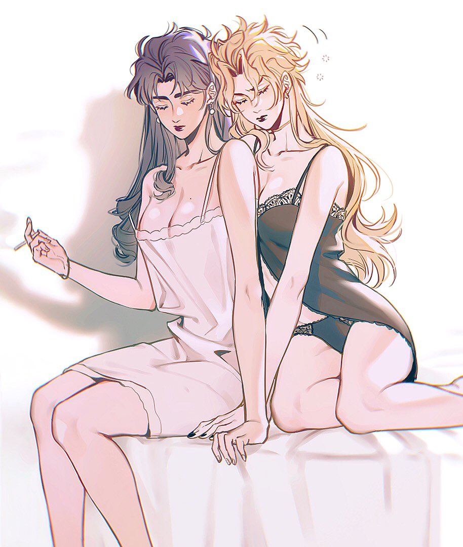 2girls babydoll bare_arms bare_legs bare_shoulders bed bedroom black_babydoll black_lips black_nails black_panties blonde_hair blue_hair breasts cigarette closed_eyes closed_mouth collarbone couple dio_brando ear_birthmark earrings facing_viewer genderswap_(mtf) hand_up holding holding_cigarette indoors jewelry jojo's_bizarre_adventure jonathan_joestar lipstick long_hair makeup medium_breasts multiple_girls nightgown on_bed panties pearl_earrings phantom_blood rule_63 rule_63 shadow sitting smoke spaghetti_strap stomach strap_slip thighs underwear underwear_only very_long_hair yuri