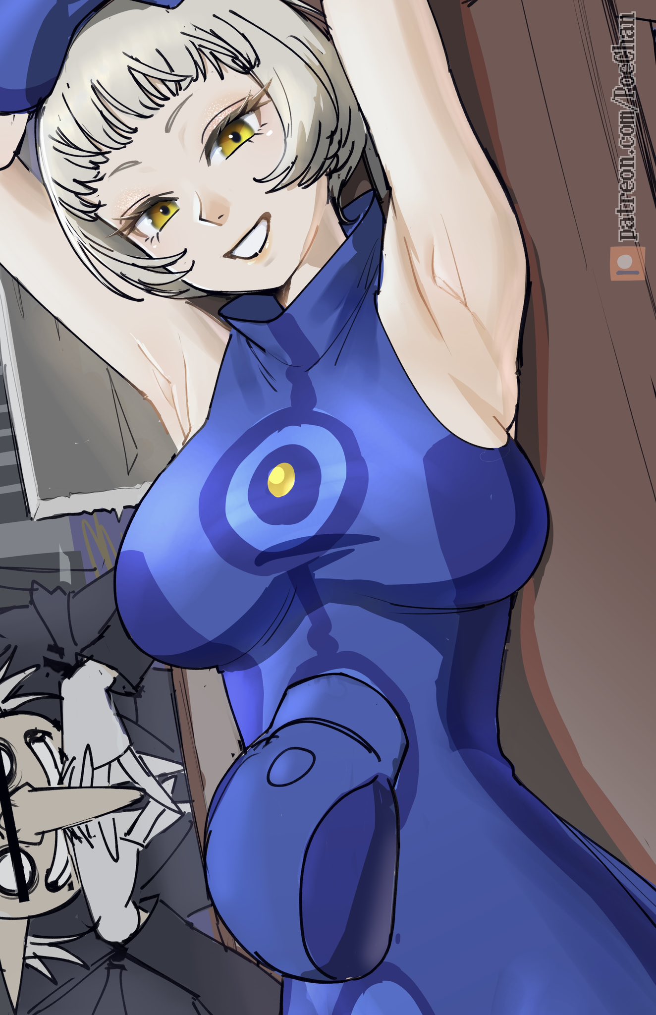 1boy 1girls armpits big_breasts breasts elizabeth_(persona) hat igor_(persona) looking_at_viewer megami_tensei paid_reward_available patreon_url persona persona_3 poechan smile white_hair yellow_eyes