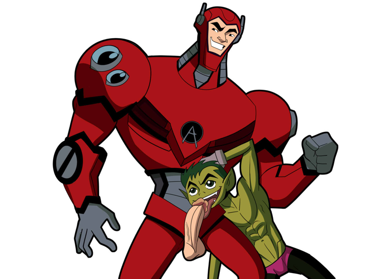 2boys abs armpit armpits beast_boy beast_boy_(teen_titans) blowjob blowjob_face boner dc dc_comics erection gay gay_blowjob green_body green_eyes green_hair green_skin iyumiblue male male_only teen_titans uncensored yaoi