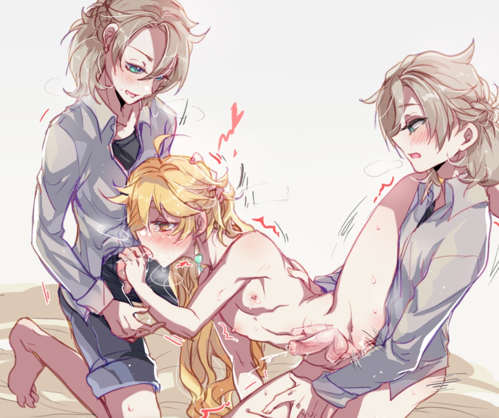 3boys, aether (genshin impact), albedo (genshin impact), anal, anal sex, blonde hair, blowjob, femboy, gay sex, genshin impact, hoyoverse, long hair, long-haired male, male, male only, mihoyo, moaning, submissive male, white hair, yaoi