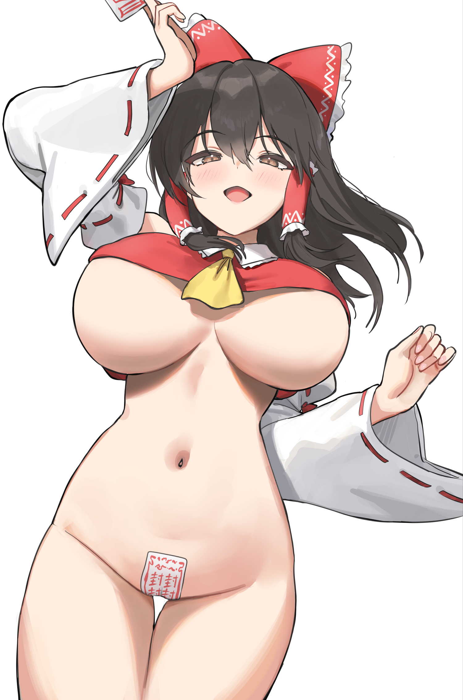 1girls, 2023, absurd res, arm up, ascot, bare shoulders, blush, bow, breasts, brown eyes, brown hair, cameltoe, casual, clothing, crop top, detached sleeves, eyebrows visible through hair, female, female only, hair between eyes, hair ornament, hair ribbon, hair tubes, highres, holding paper, human, large breasts, looking at viewer, maebari, navel, ofuda, ofuda on pussy, open mouth, pale skin, paper, pussy, reimu hakurei, revealing clothes, ribbon, simple background, smile, solo, standing, talisman, tape, taped pussy, thigh gap, thighs, tongue, touhou, twin (tt lsh), underboob, white background, wide sleeves