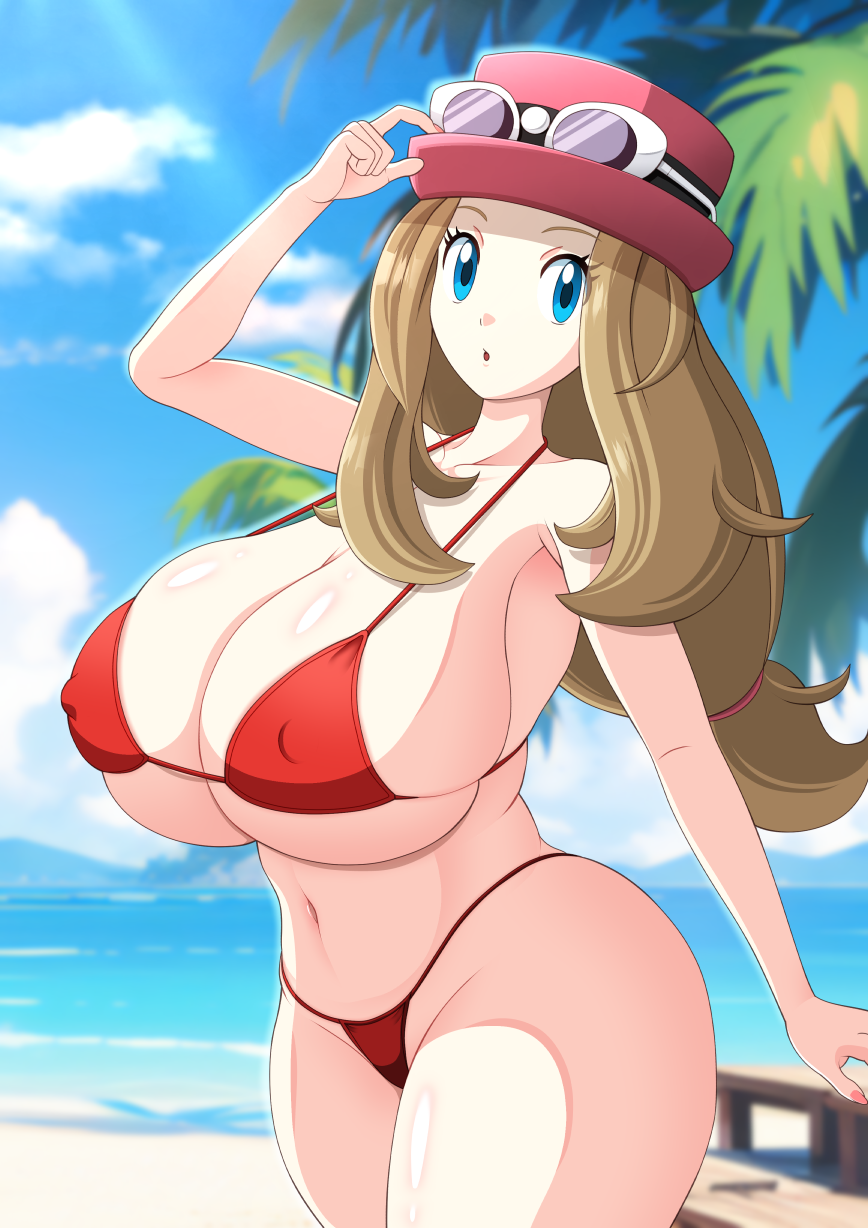 1girls beach big_breasts bikini bikini_bottom bikini_top blue_eyes bottomwear breasts brown_hair cleavage female female_only game_freak hair hat headwear hips huge_breasts large_breasts long_hair pokemon pokemon_xy red_bikini s.forest serena_(pokemon) serena_(pokemon_games) solo solo_female sunglasses_on_head thick_thighs thighs topwear