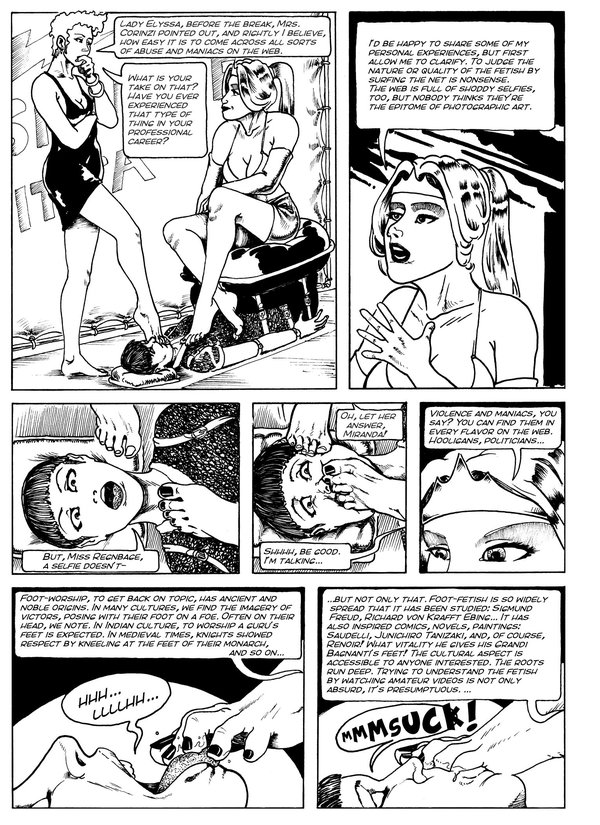 3girls black_and_white comic dialogue dominant_pov dominatrix eye_contact feet femdom foot_domination foot_fetish foot_gag foot_in_mouth foot_lick foot_on_face foot_worship high-angle_view ilbardoramingo lezdom looking_down looking_up pov sitting_on_person talk_show talk_show_host text toe_licking tv_show yuri