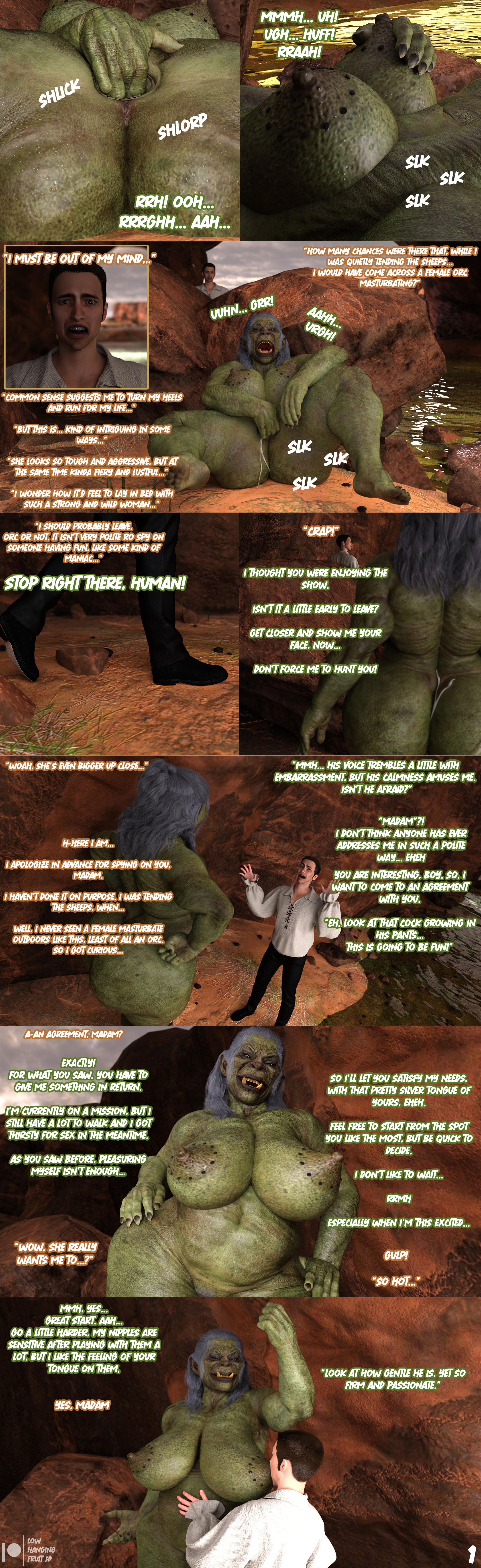1boy, 1girls, 3d, ass, belly, big ass, big breasts, breasts, comic, comic page, daz 3d, daz studio, daz3d, dialogue, dress, elderly female, feet, female, femdom, fingering, green skin, hi res, highres, human, human male, interspecies, large ass, light skin, light-skinned male, lowhangingfruit3d (artist), male, male/female, masturbation, mature female, muscles, muscular, muscular female, muscular thighs, naked, nude, old, older female, orc, orc female, pointy ears, sex, thick ass, thick thighs, toe claws, ugly, vulta (lhf3d), watermark