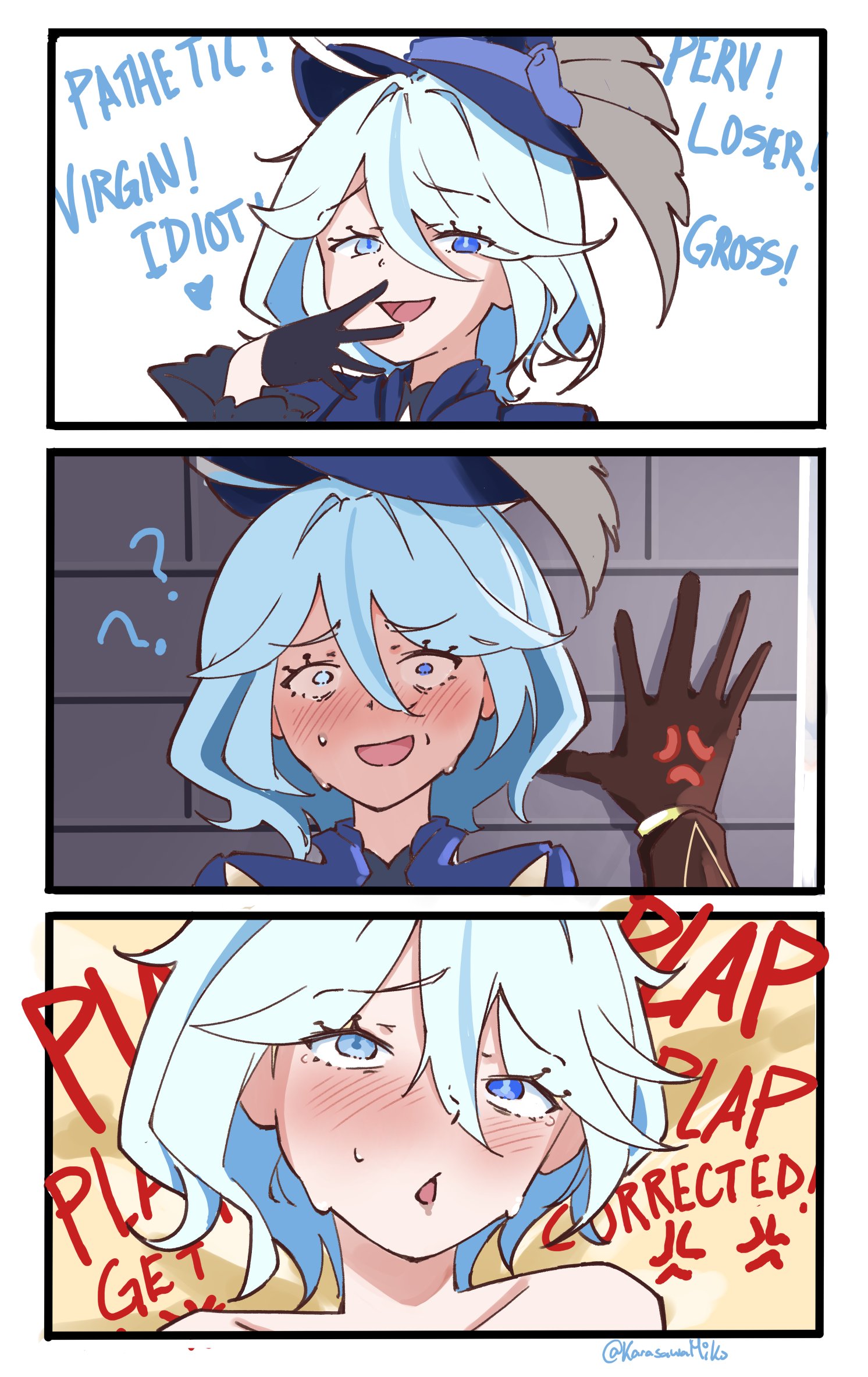 1boy, 1girls, aether (genshin impact), angry, before and after, bratty, bratty correction, color, comic page, dialogue, drawing, female, furina (genshin impact), genshin impact, karasawamiko, long hair, male, meme reference, mihoyo, pleasure face, text