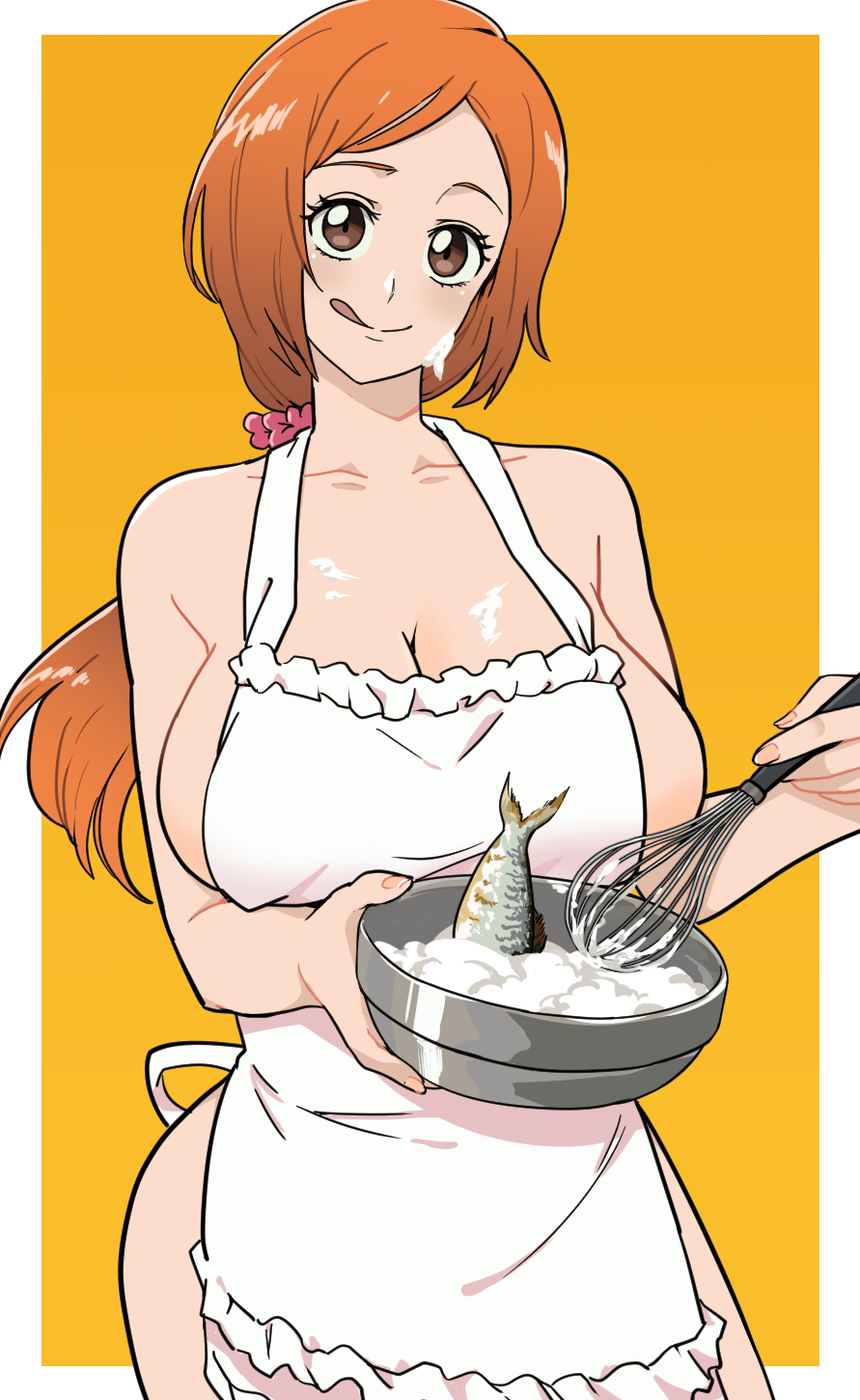 1girls apron apron_only barely_clothed big_breasts bleach bowl breasts british_food brown_eyes clumsy cooking cowboy_shot female fish front_view functionally_nude hourglass_figure housewife huge_breasts inoue_orihime large_breasts licking_lips looking_at_viewer low_ponytail mature mature_female mature_woman milf mother naked_apron oeoeoe orange_hair pinup ponytail smile solo suggestive suggestive_fluid suggestive_food tied_hair tongue tongue_out voluptuous whipped_cream whisk wide_hips wife