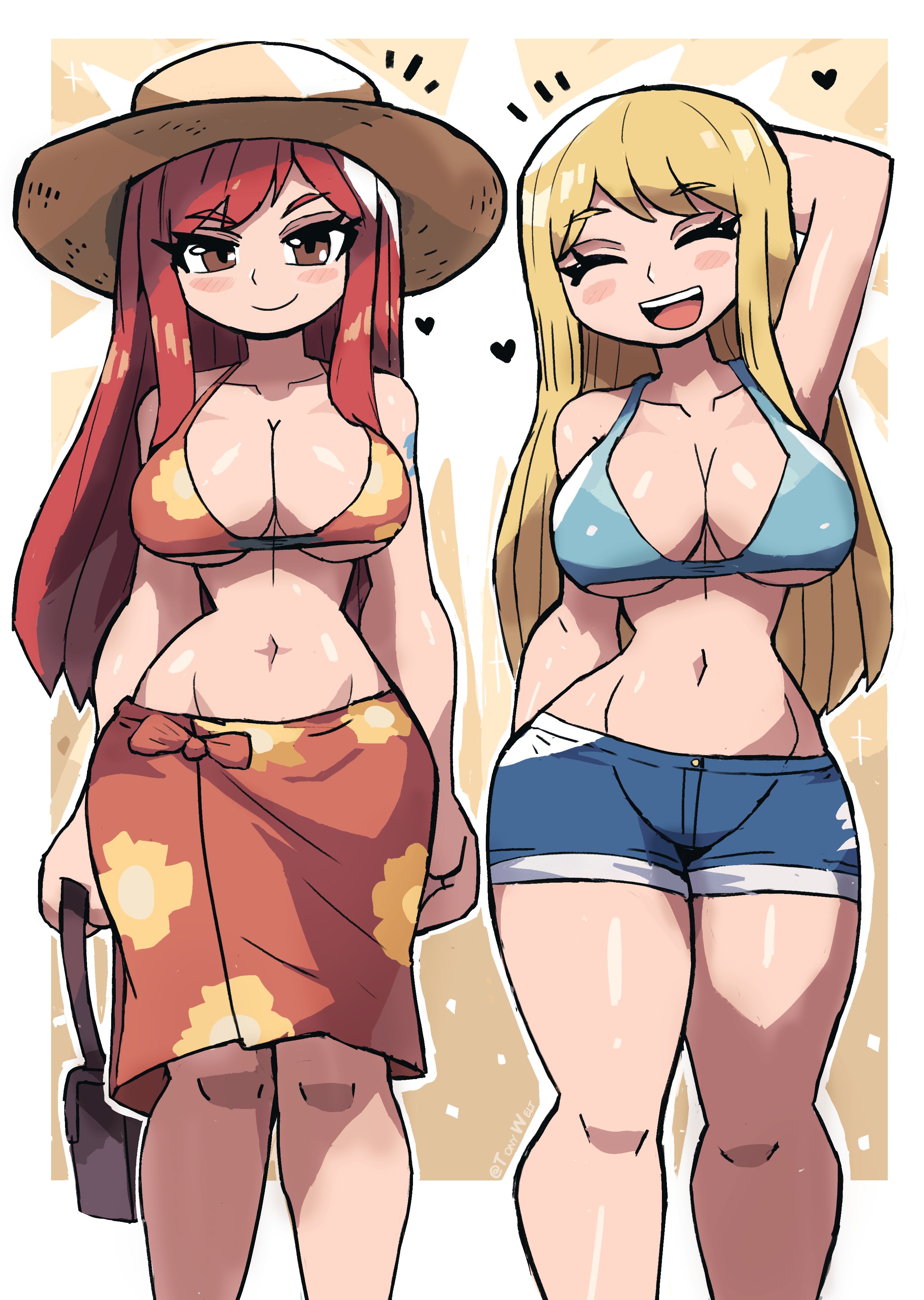 2girls, arm tattoo, blonde hair, blonde-haired female, blue tattoo, breasts, erza scarlet, fairy tail, fairy tail mark, female, lucy heartfilia, red eyes, red hair, red-haired female, sarong, tattoo, tattoo on arm, tattooed arm, thighs, tony welt