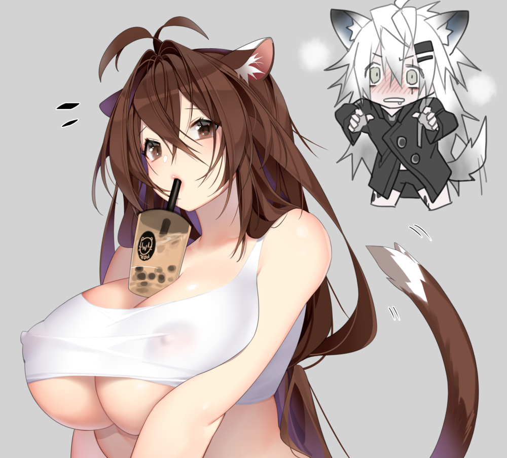 2023 2girls animal_ears arknights big_breasts blush breasts brown_eyes brown_hair cat_ears cat_tail catgirl deathalice doctor_(arknights) female_doctor_(arknights) grey_eyes hi_res kemonomimi lappland_(arknights) large_breasts light-skinned_female light_skin long_hair looking_at_viewer nipples nipples_visible_through_clothing simple_background standing tail upper_body white_hair wolf_ears wolf_girl