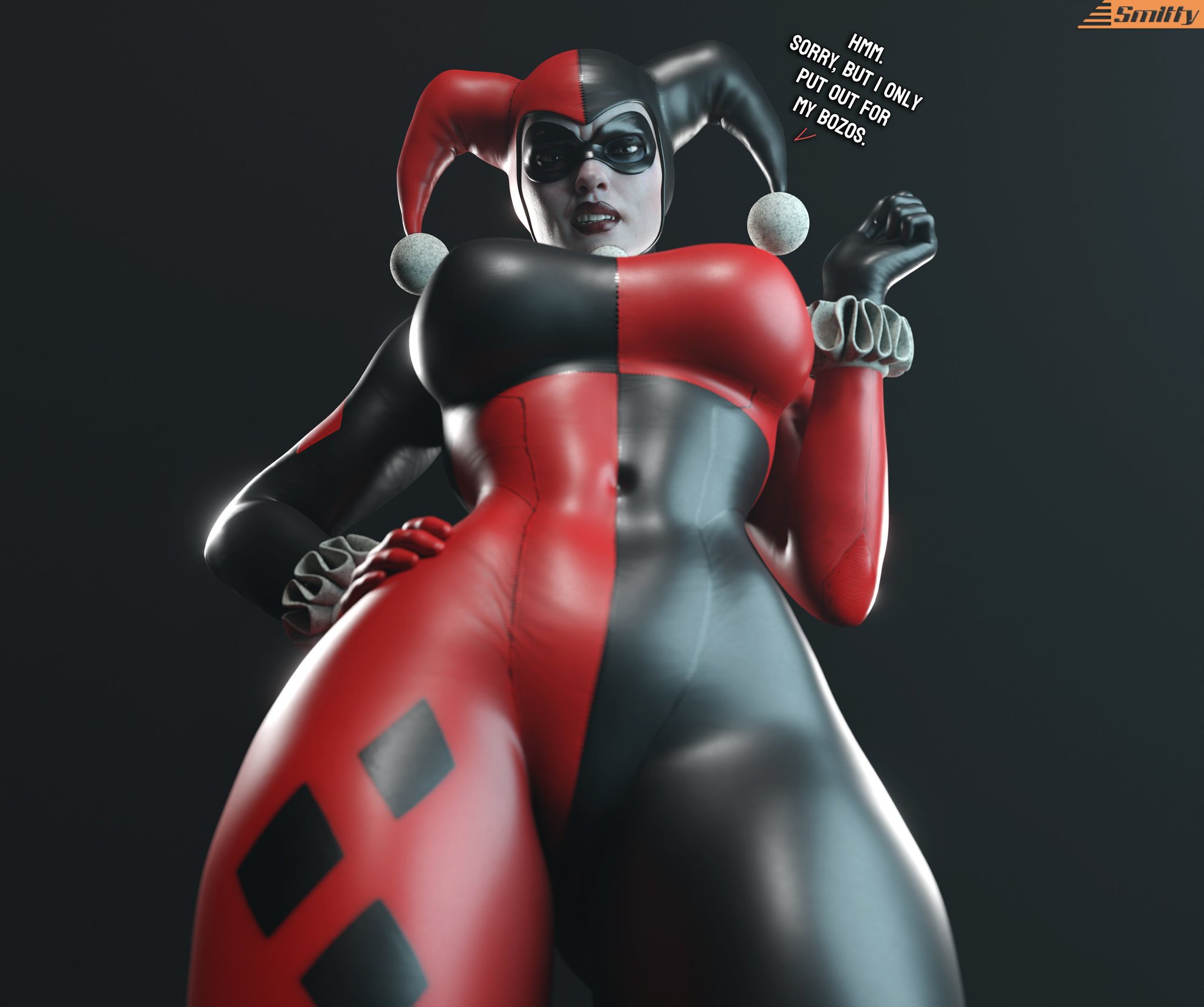 1girls, 3d, 3d (artwork), alternate version available, artist name, batman (series), batman: arkham knight, big breasts, blue eyes, bodysuit, breasts, clown, clown girl, curvaceous, curvy, curvy figure, dc, dc comics, dialogue, digital media (artwork), eyes, female, female only, harley quinn, harley quinn (classic), harley quinn (injustice), hourglass figure, injustice 2, jester, jester cap, jester costume, jester girl, jester hat, jester outfit, large breasts, light skin, light-skinned female, lips, low-angle view, slim waist, smitty34, solo, talking to viewer, text, villain, villainess