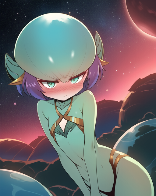 ai_generated alien alien_girl alien_humanoid alien_look_like_human beautiful_background big_brain big_head blue_eyes blush blushing_profusely cyan_eyes distant_star flat_chest flat_chested galaxy gold_bra gold_clothing gold_horns gold_underwear golden_clothing green_skin growth hair_tuft head_growth hills horns landscape landscape_background night_sky outer_space planet planets pointy_ears purple_hair round_head shiny_hair shiny_skin simple_clothing sky small_body small_breasts space sunset underwear universe