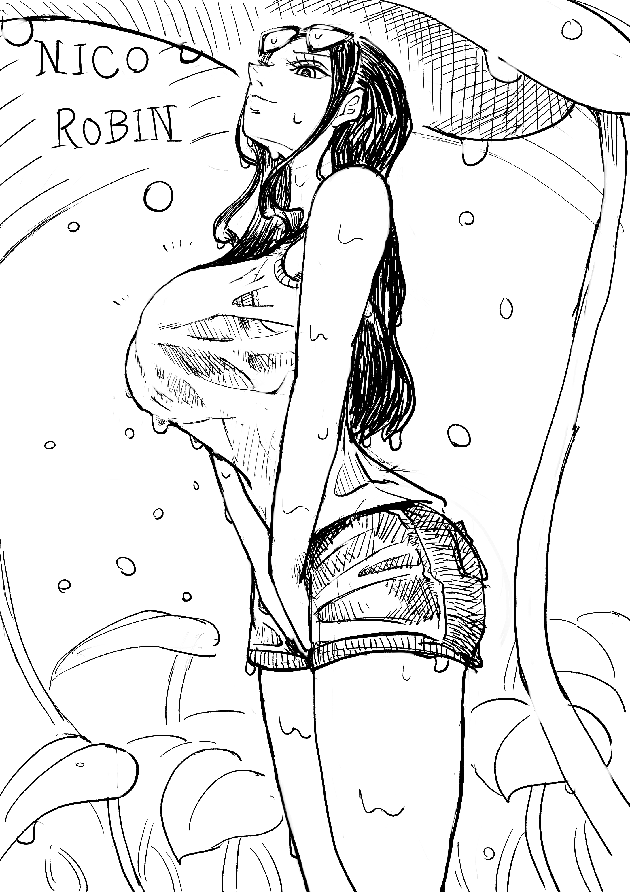 big breasts, breasts, female, female only, middlefing1111, nico robin, one piece, post-timeskip, shounen jump, tagme, wet clothes, wet t-shirt